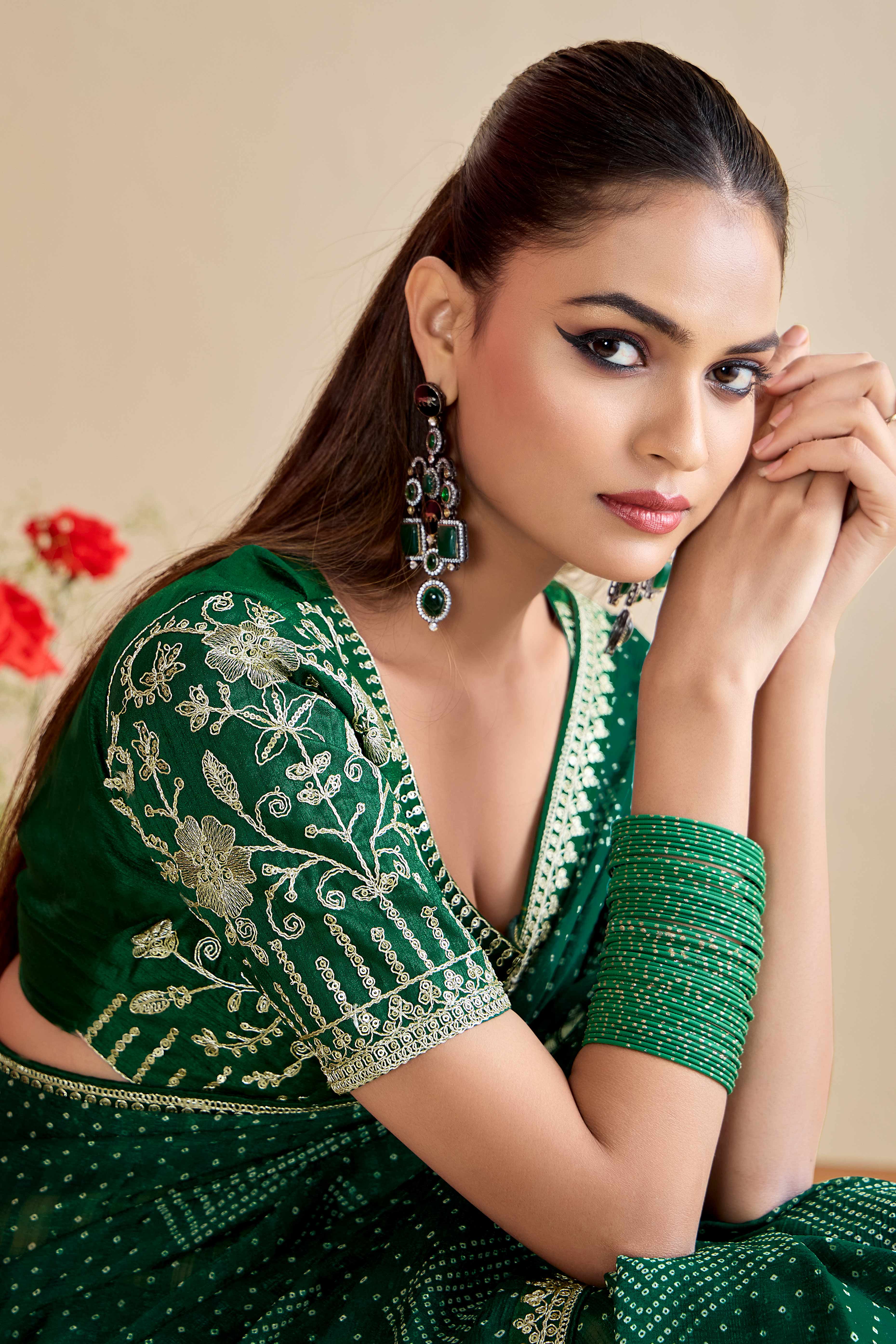 Bottle Green Bandhani Printed Charm In Georgette With Sparkling Sequin Embroidered Border