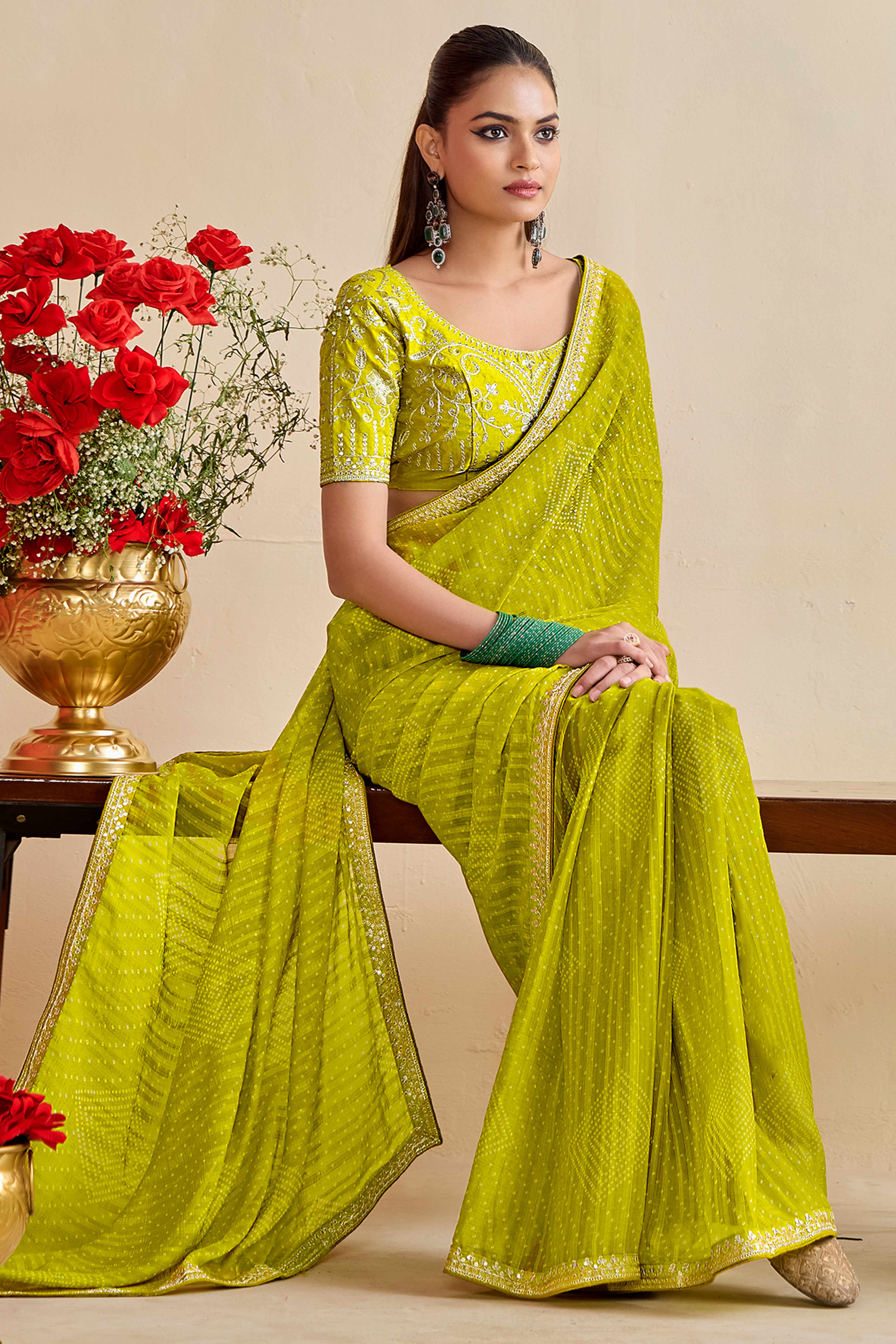 Lime Green Bandhani Printed Charm In Georgette With Sparkling Sequin Embroidered Border