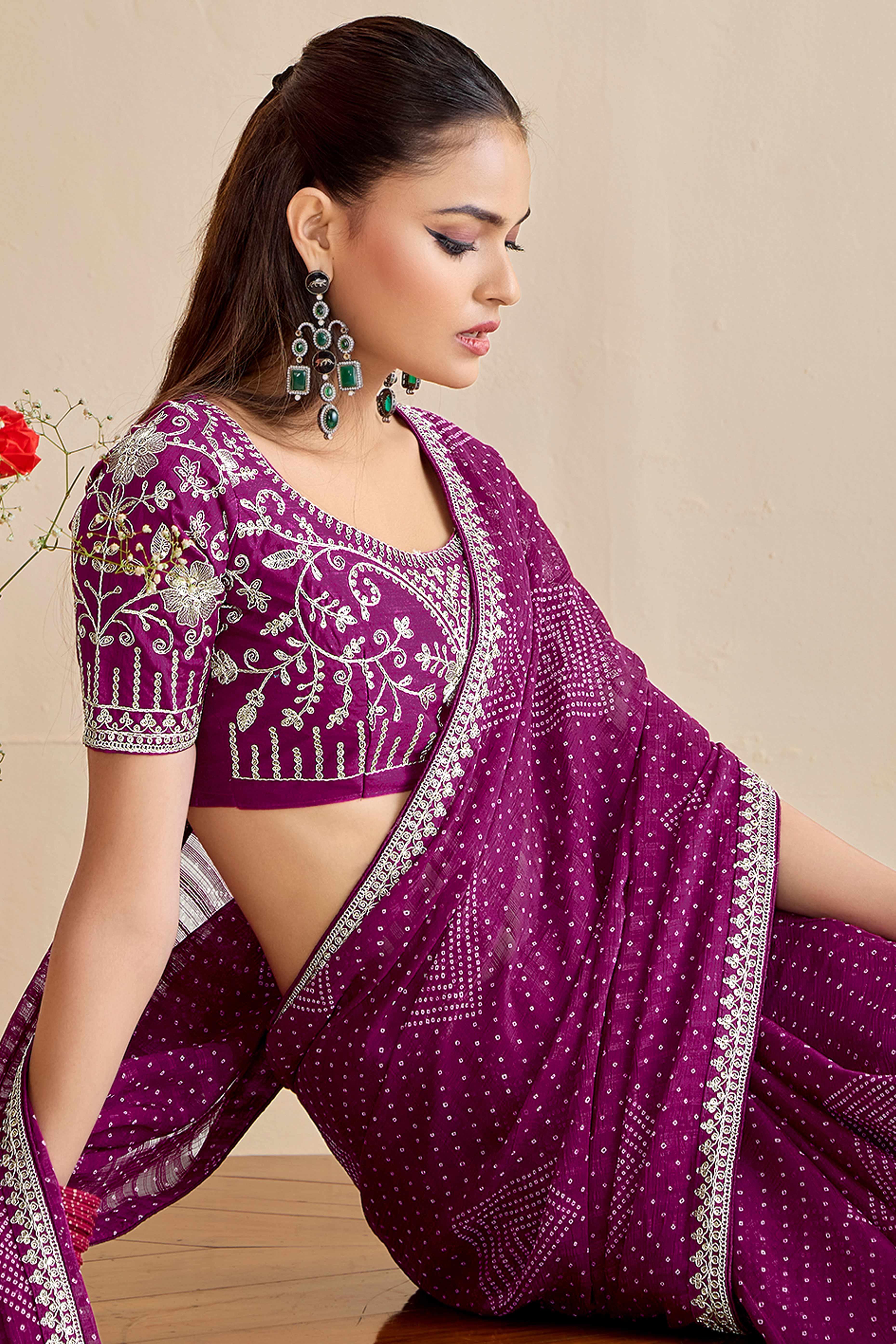 Wine Bandhani Printed Charm In Georgette With Sparkling Sequin Embroidered Border