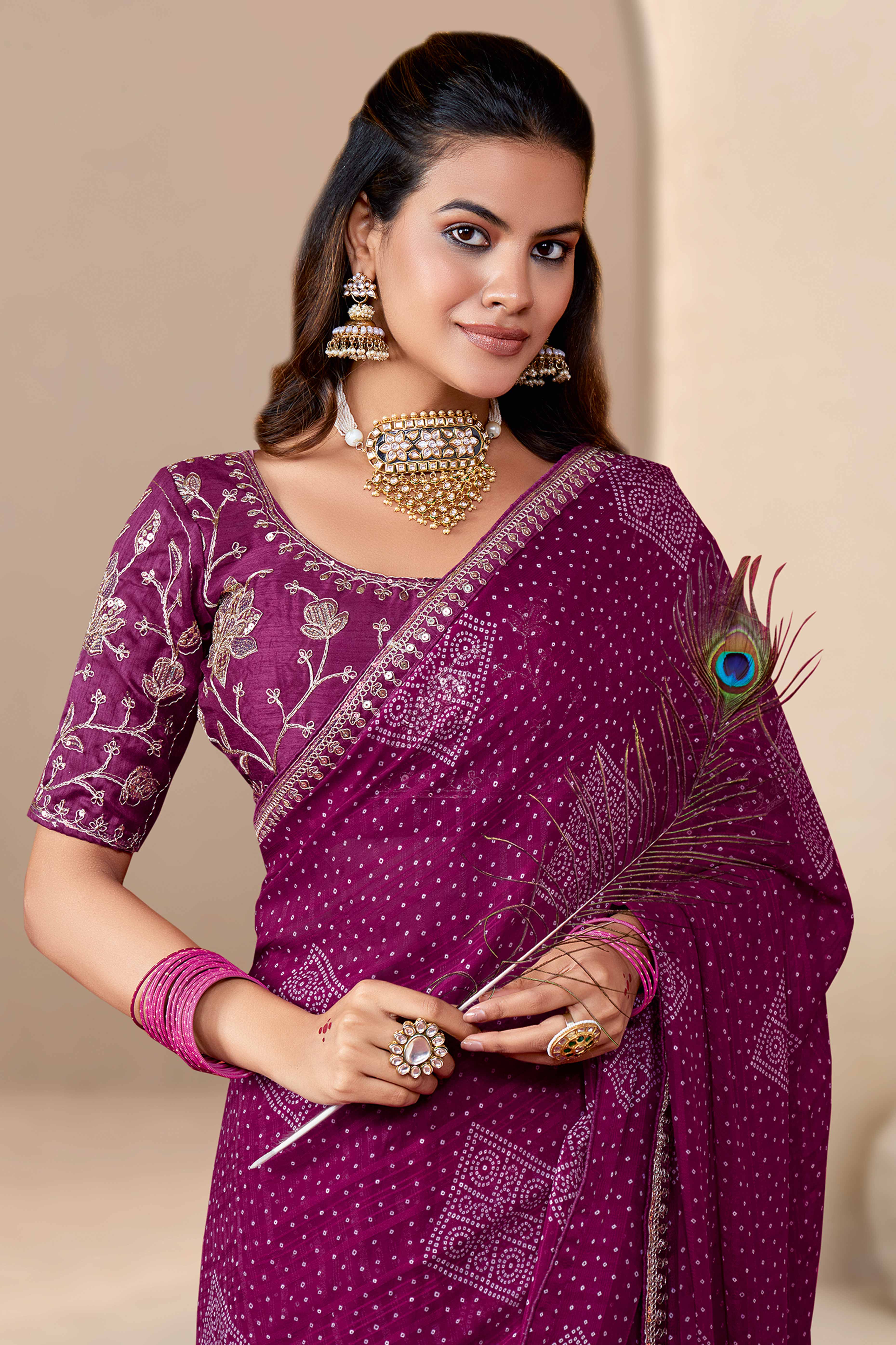 Wine Bandhani Printed Georgette Saree Enhanced With Sequins & Cording Embroidered Lace Border