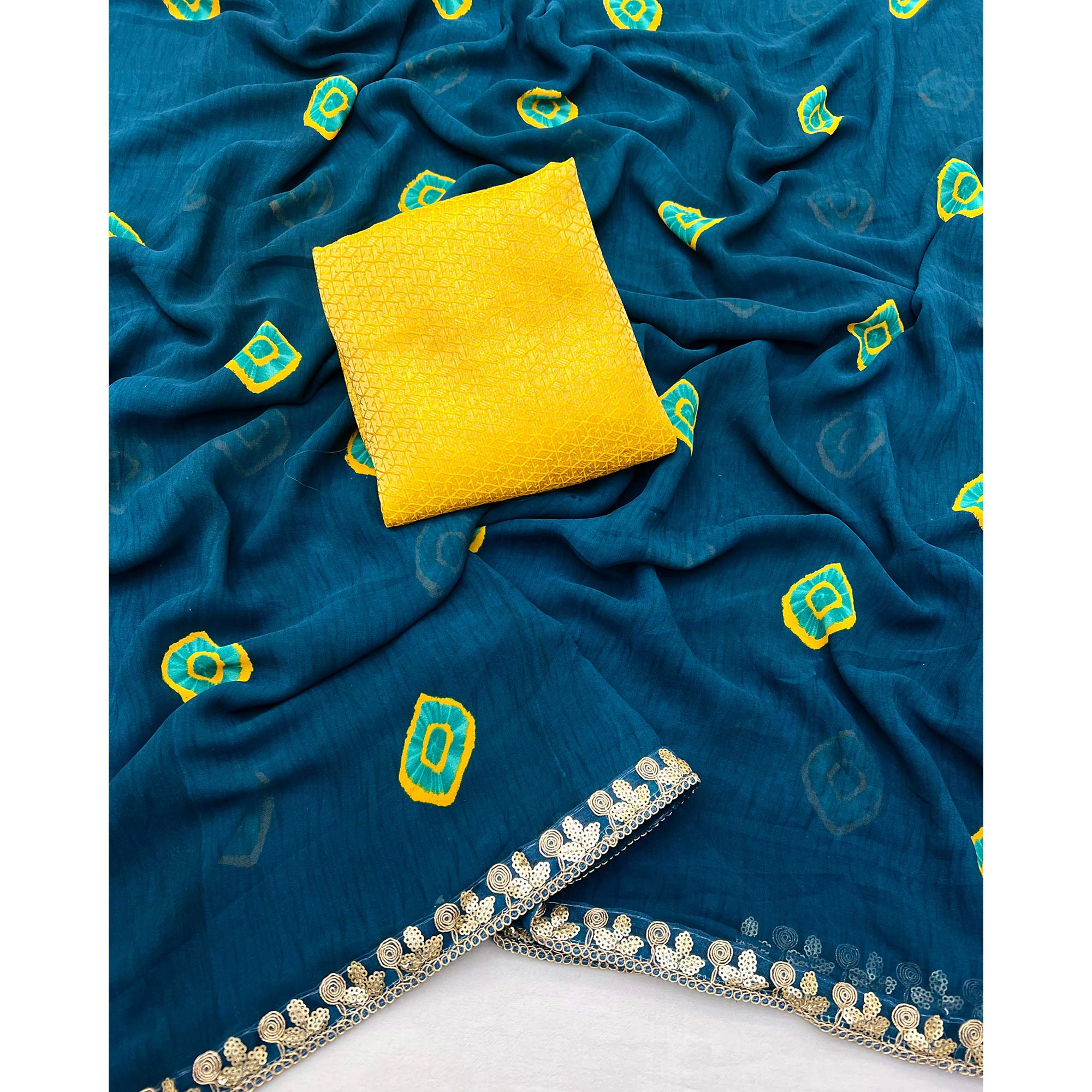 Teal Bandhani Printed Georgette Saree With Sequins Border