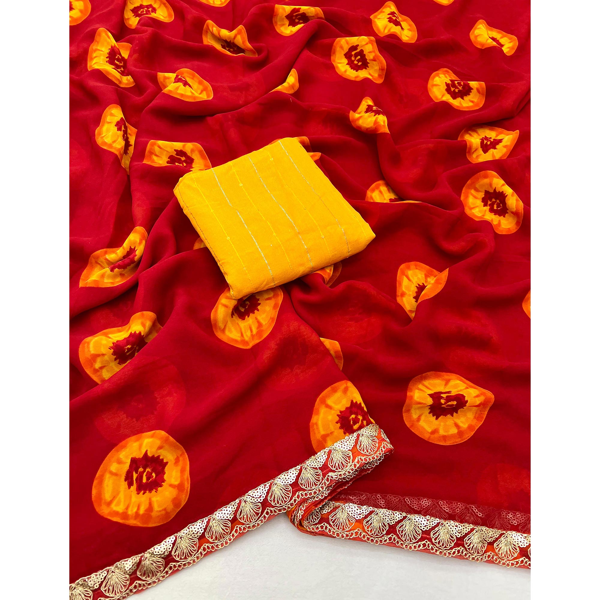 Red Bandhani Printed Georgette Saree With Sequins Border