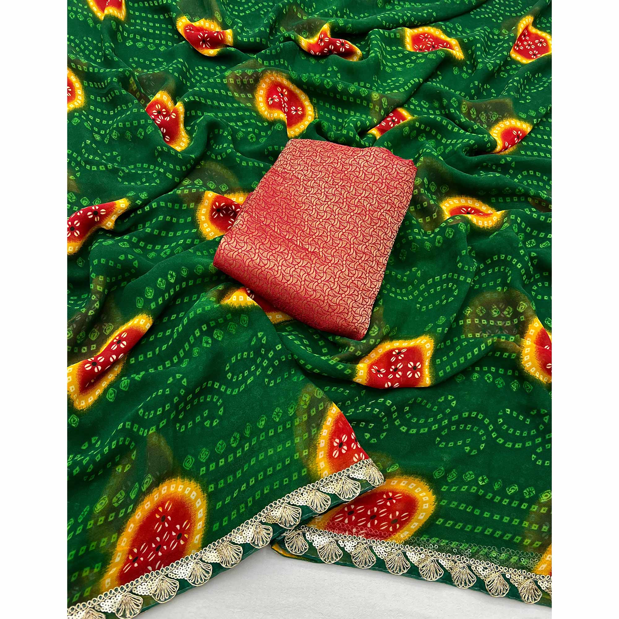 Green Bandhani Printed Georgette Saree With Sequins Border