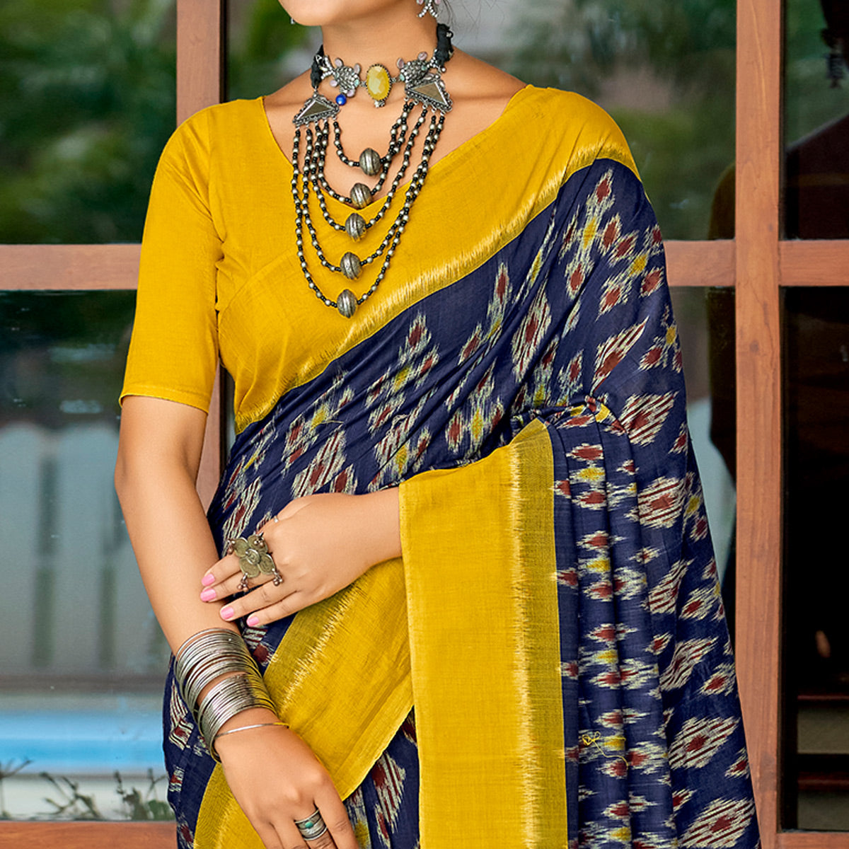 Blue & Mustard Ikkat Printed Mulmul Cotton Saree