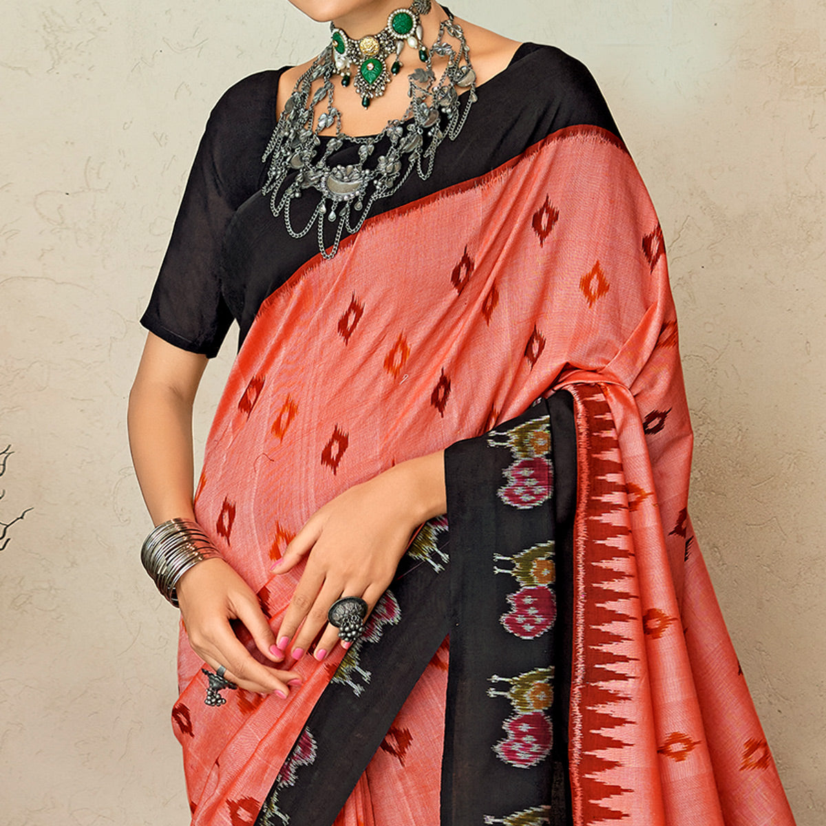 Peach & Black Ikkat Printed Mulmul Cotton Saree