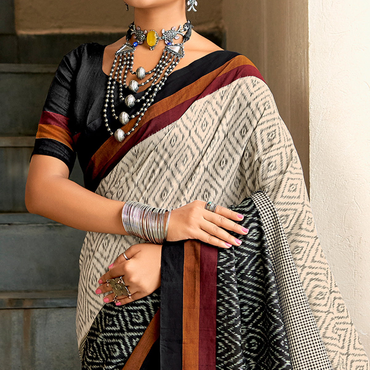 Beige & Black Ikkat Printed Mulmul Cotton Saree
