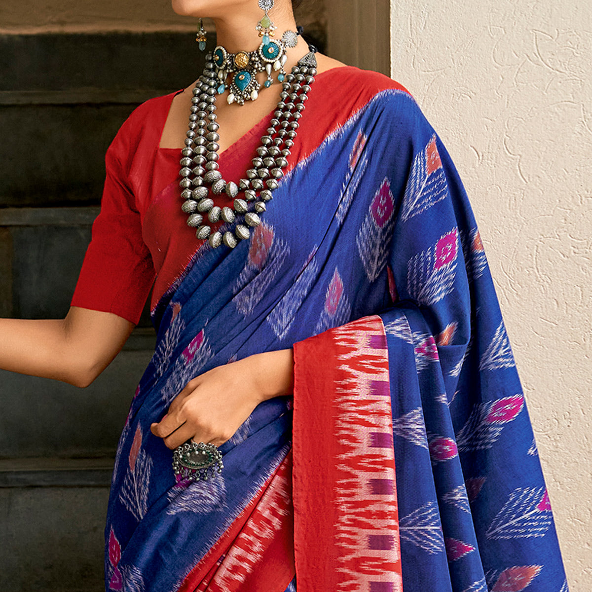 Blue & Red Ikkat Printed Mulmul Cotton Saree