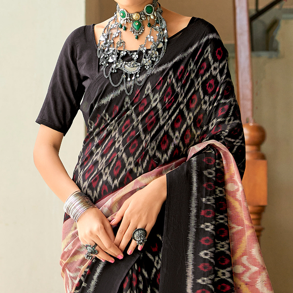 Black & Peach Ikkat Printed Mulmul Cotton Saree