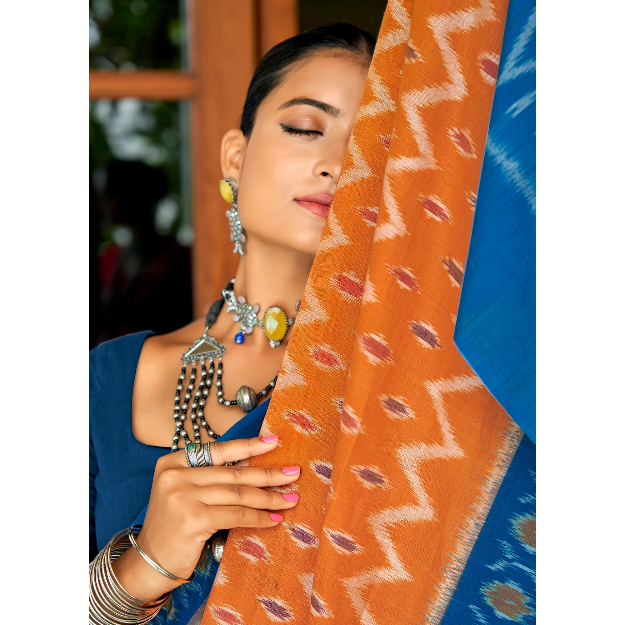 Orange & Blue Ikkat Printed Mulmul Cotton Saree
