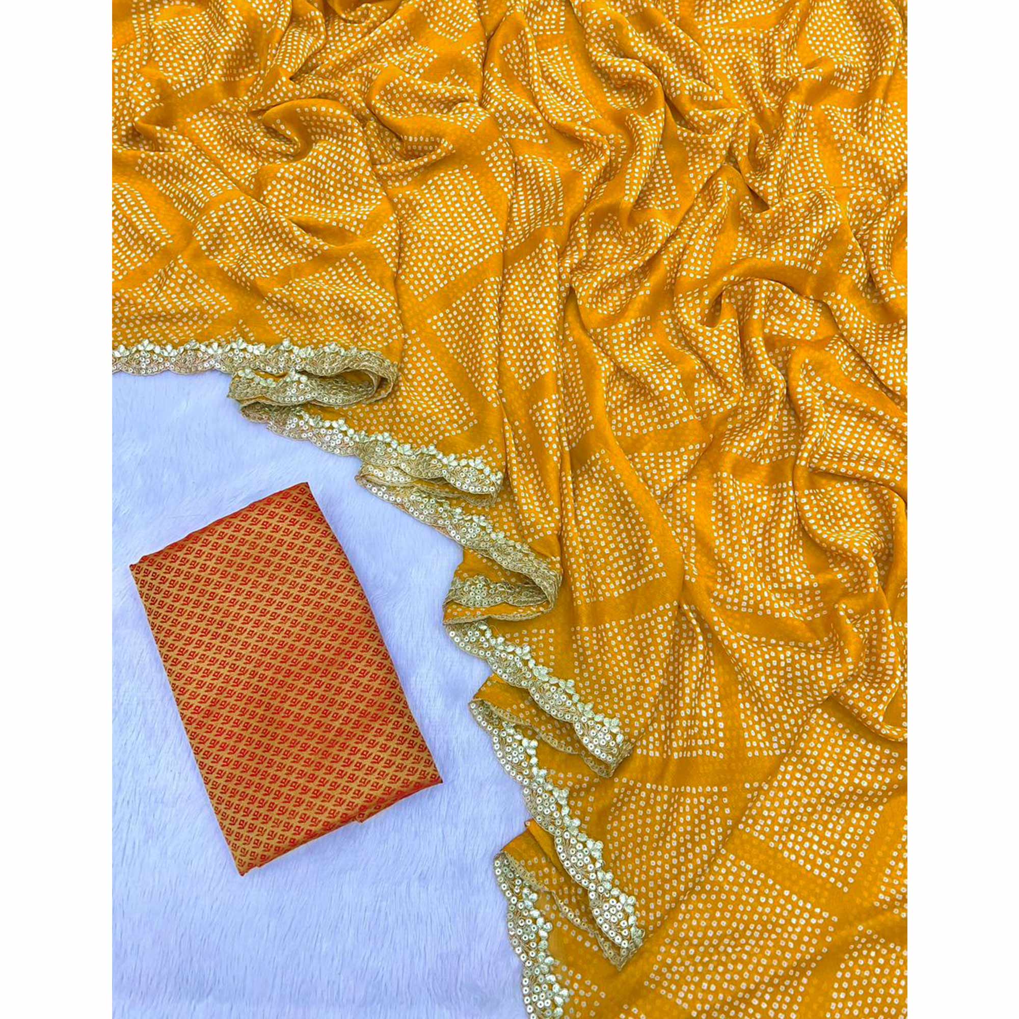 Mustard Bandhani Printed Chiffon Saree With Sequins Embroidered Border