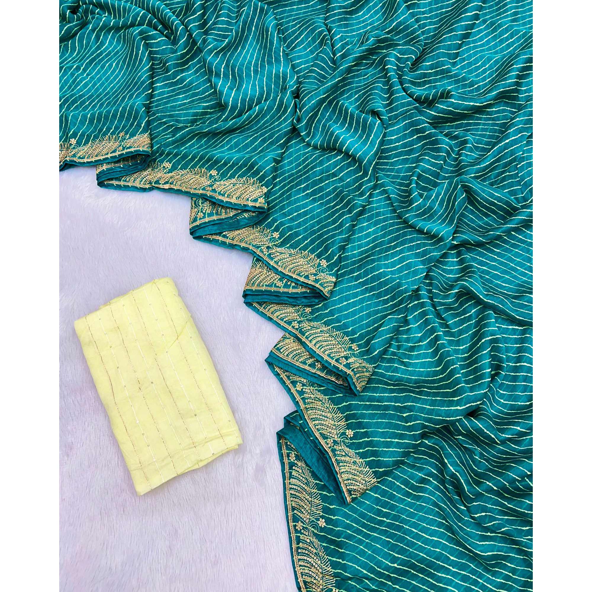 Rama Blue Leheriya Printed Chiffon Saree With Sequins Embroidered Border