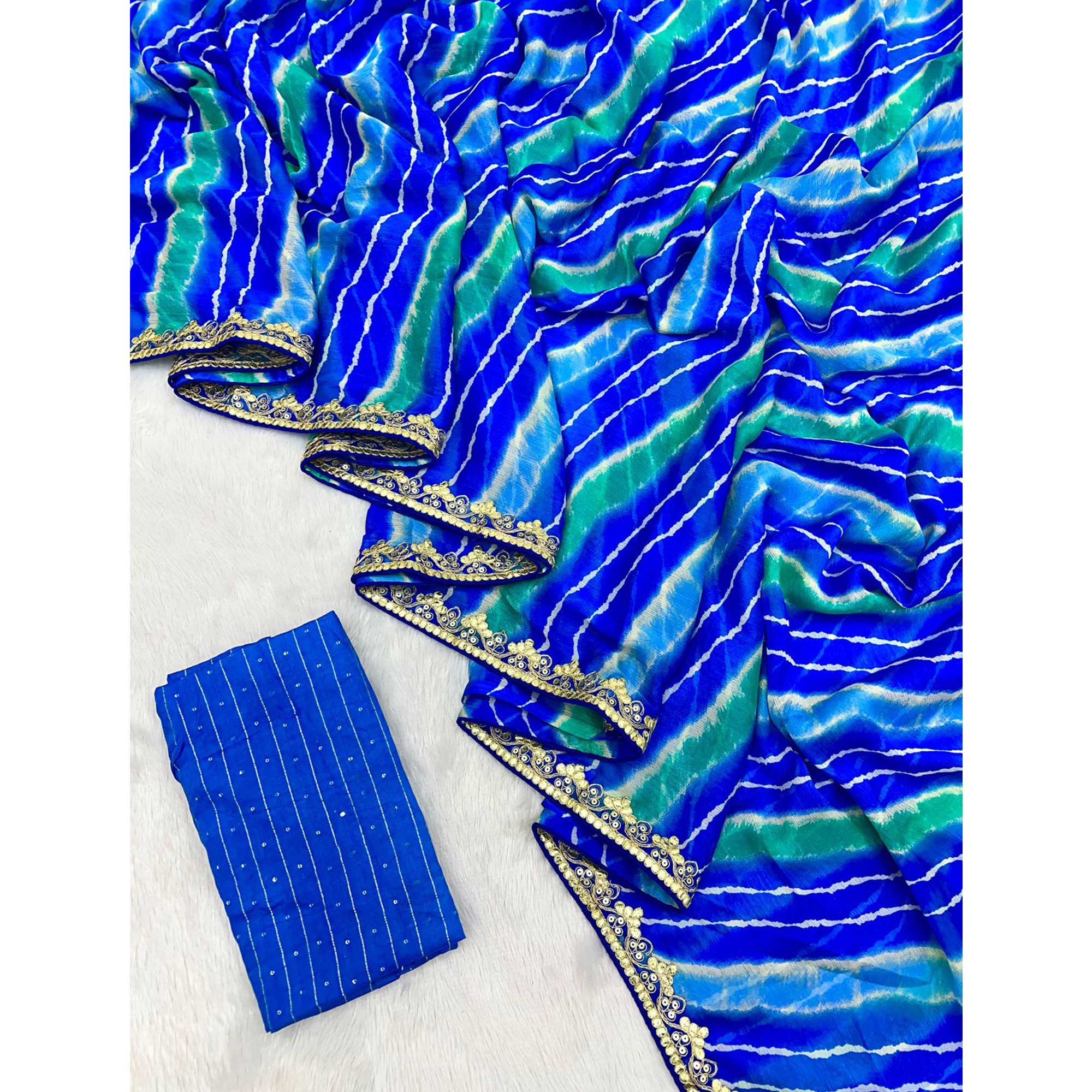 Blue Leheriya Printed Chiffon Saree With Sequins Embroidered Border