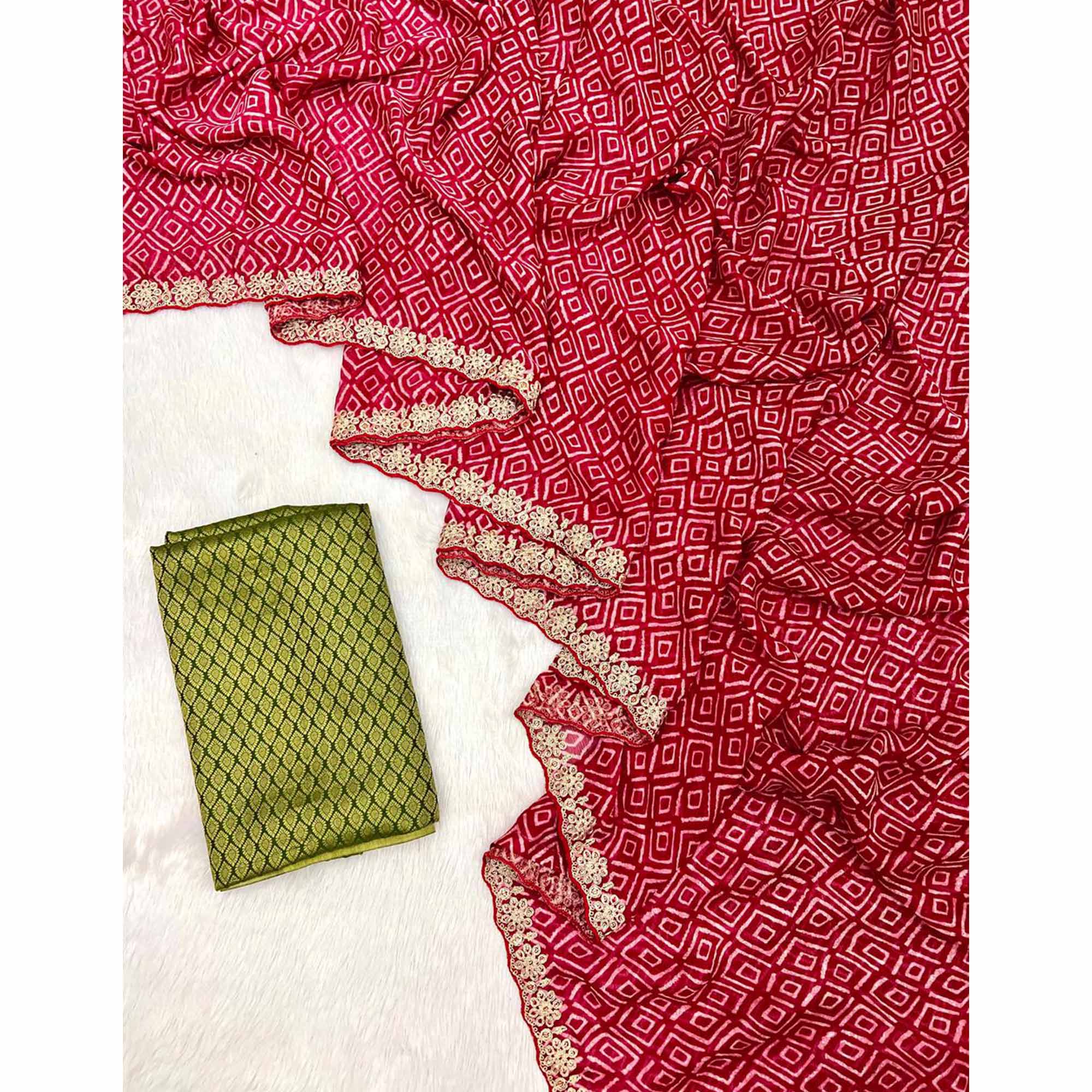 Red Leheriya Printed Chiffon Saree With Sequins Embroidered Border