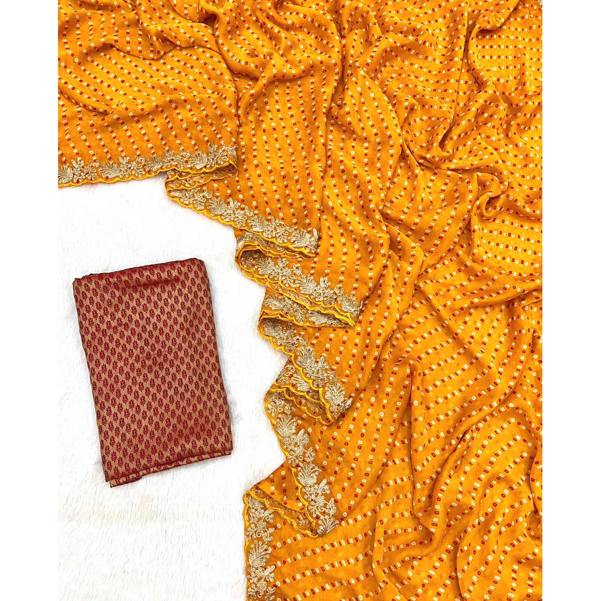 Mustard Bandhani Printed Chiffon Saree With Sequins Embroidered Border