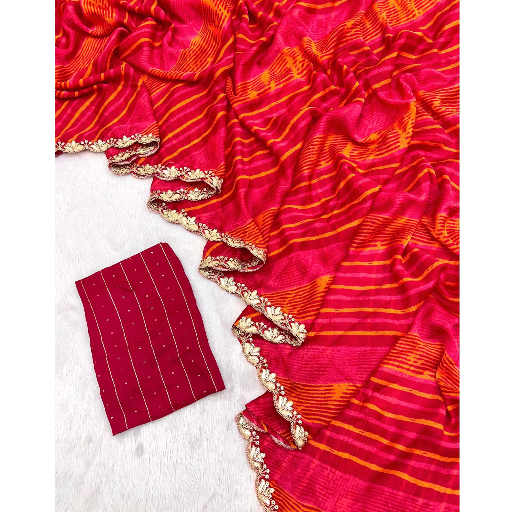 Red Printed Chiffon Saree With Sequins Embroidered Border