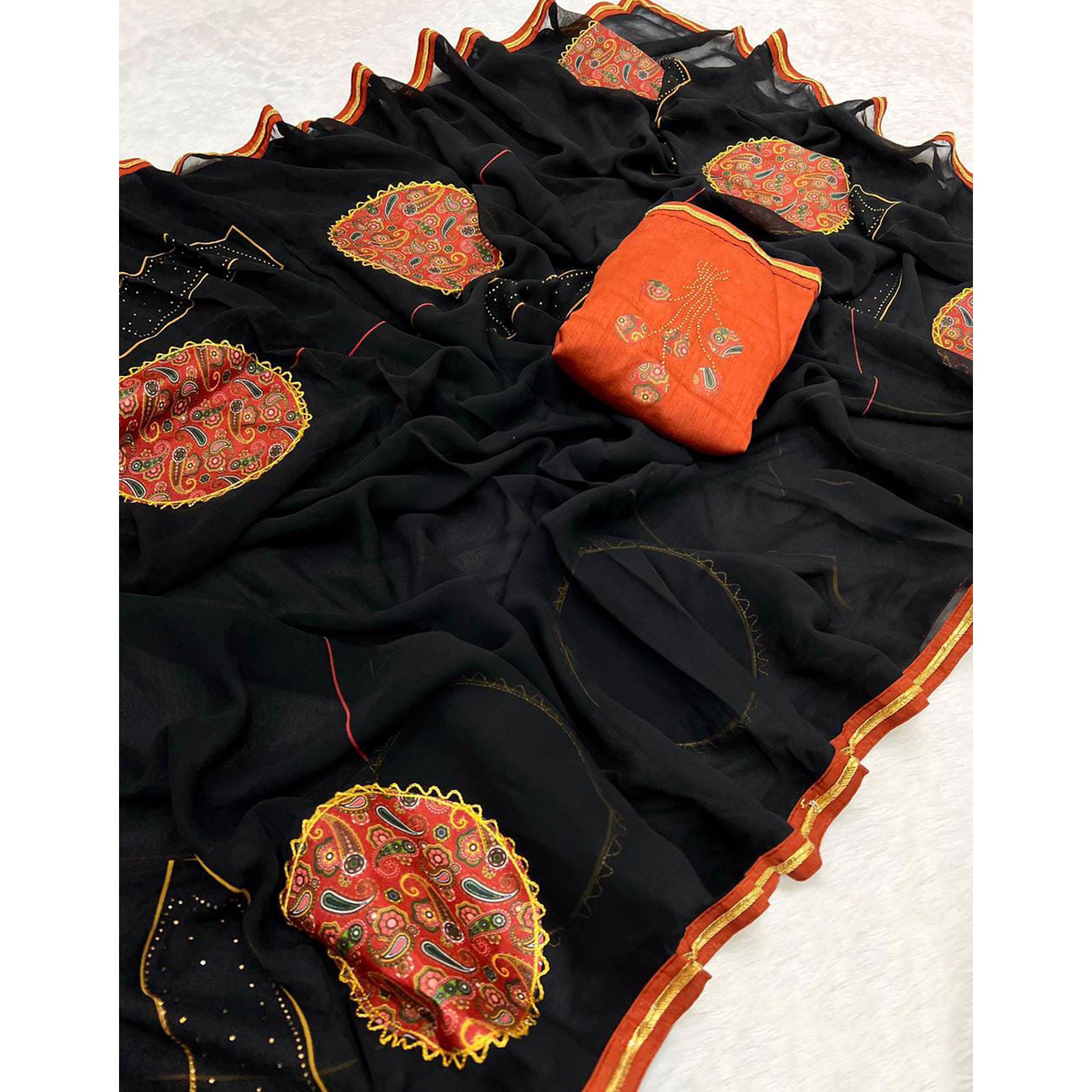 Black Georgette Saree with Paisley Patchwork Detailing