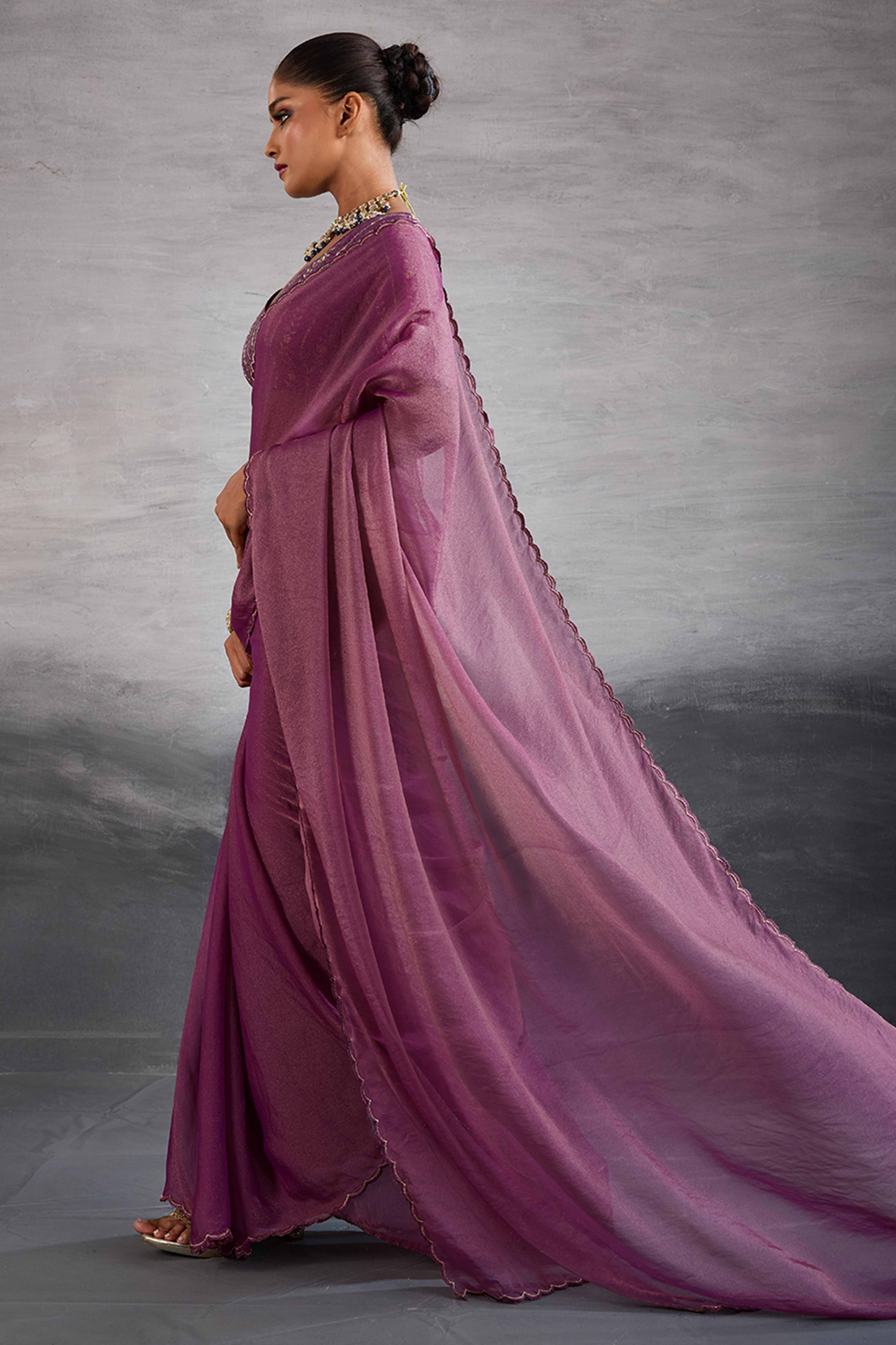 Orchid Purple Solid Organza Jimmy Choo Saree Accentuated With Elegant Cutwork Border Detailing