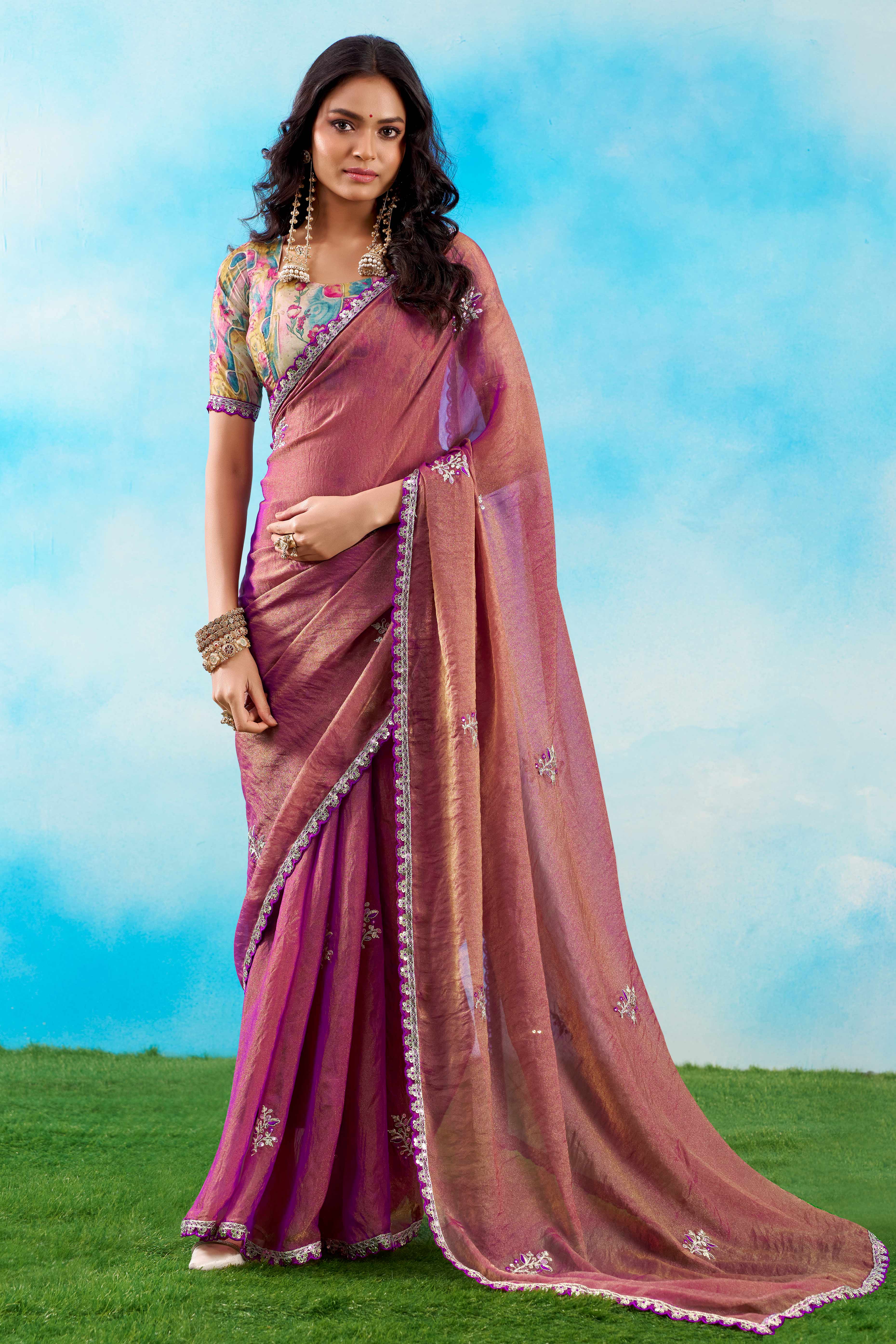 Luxurious Magenta Chiffon Saree Showcasing Floral Sequins Embroidery In A Two Tone Finish
