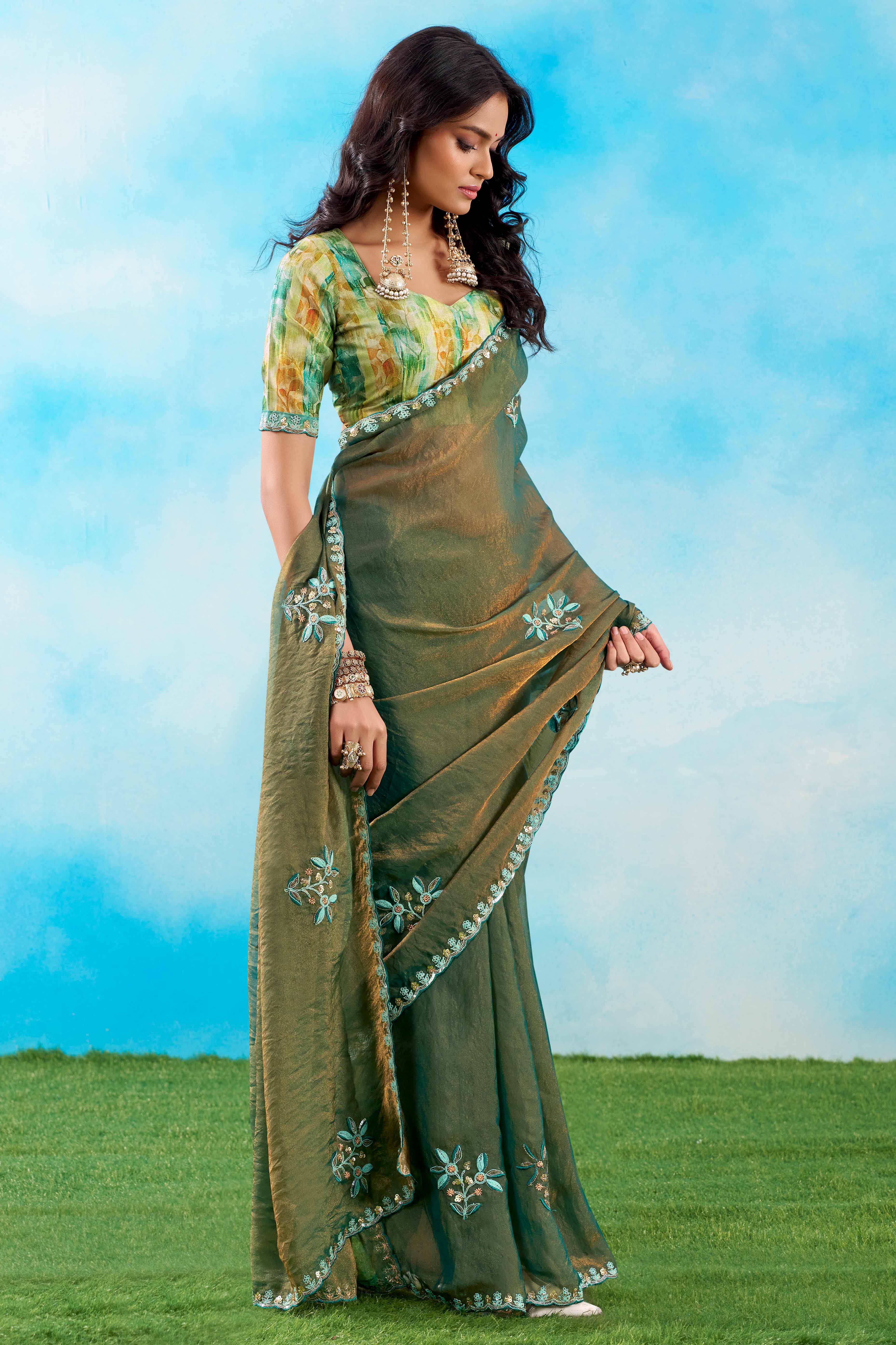 Luxurious Olive Green Chiffon Saree Showcasing Floral Sequins Embroidery In A Two Tone Finish