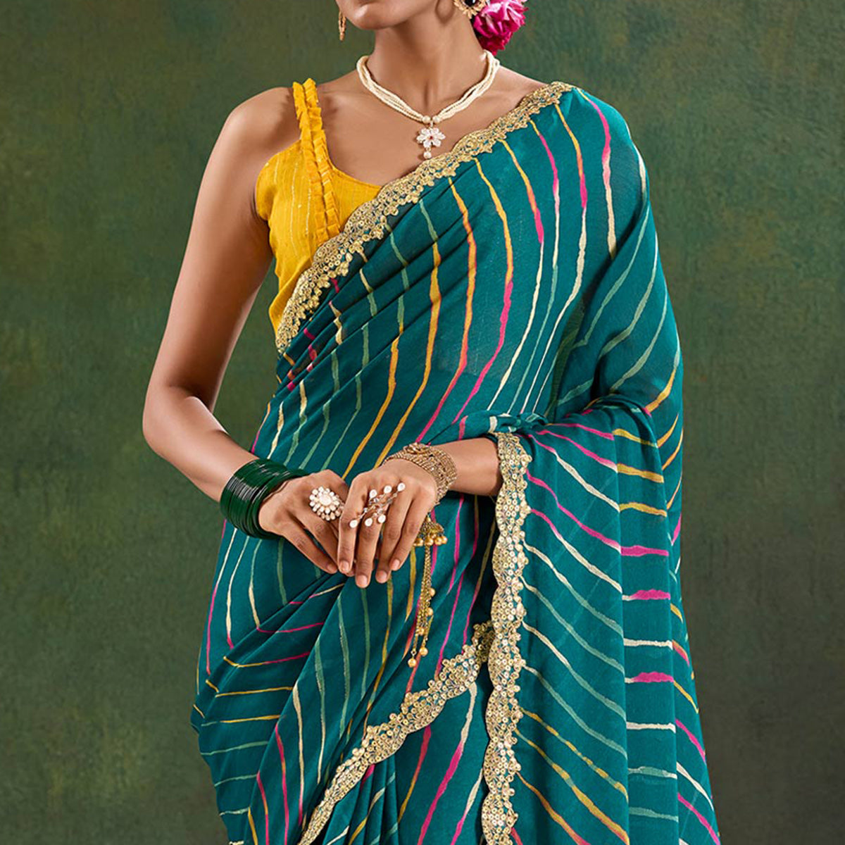 Morpich Green Printed Chiffon Saree With Sequins Border