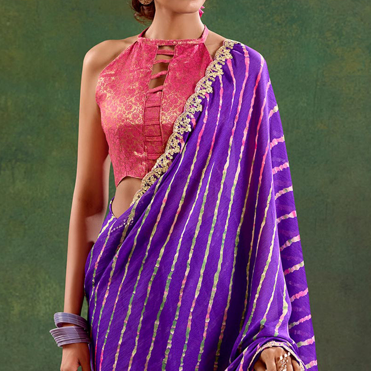 Violet Printed Chiffon Saree With Sequins Border