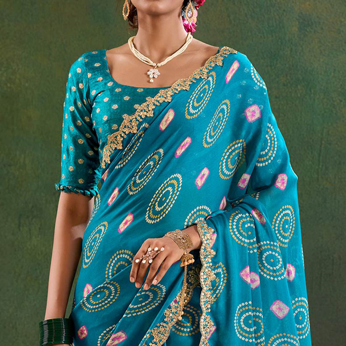 Teal Printed Chiffon Saree With Sequins Border