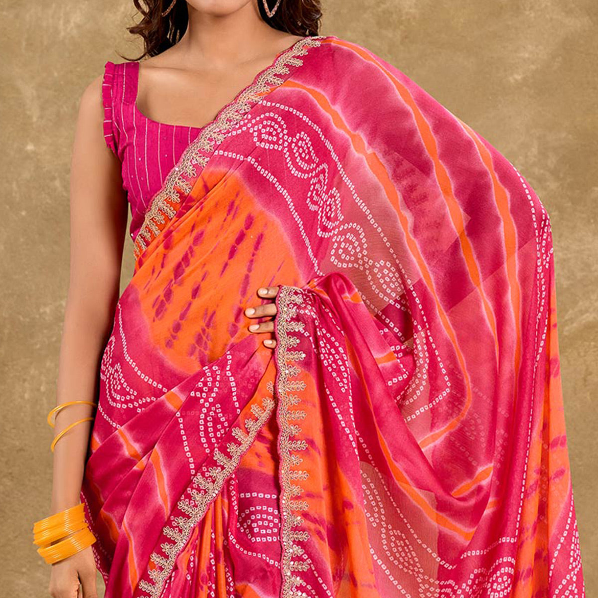Pink & Orange Printed Chiffon Saree With Sequins Border