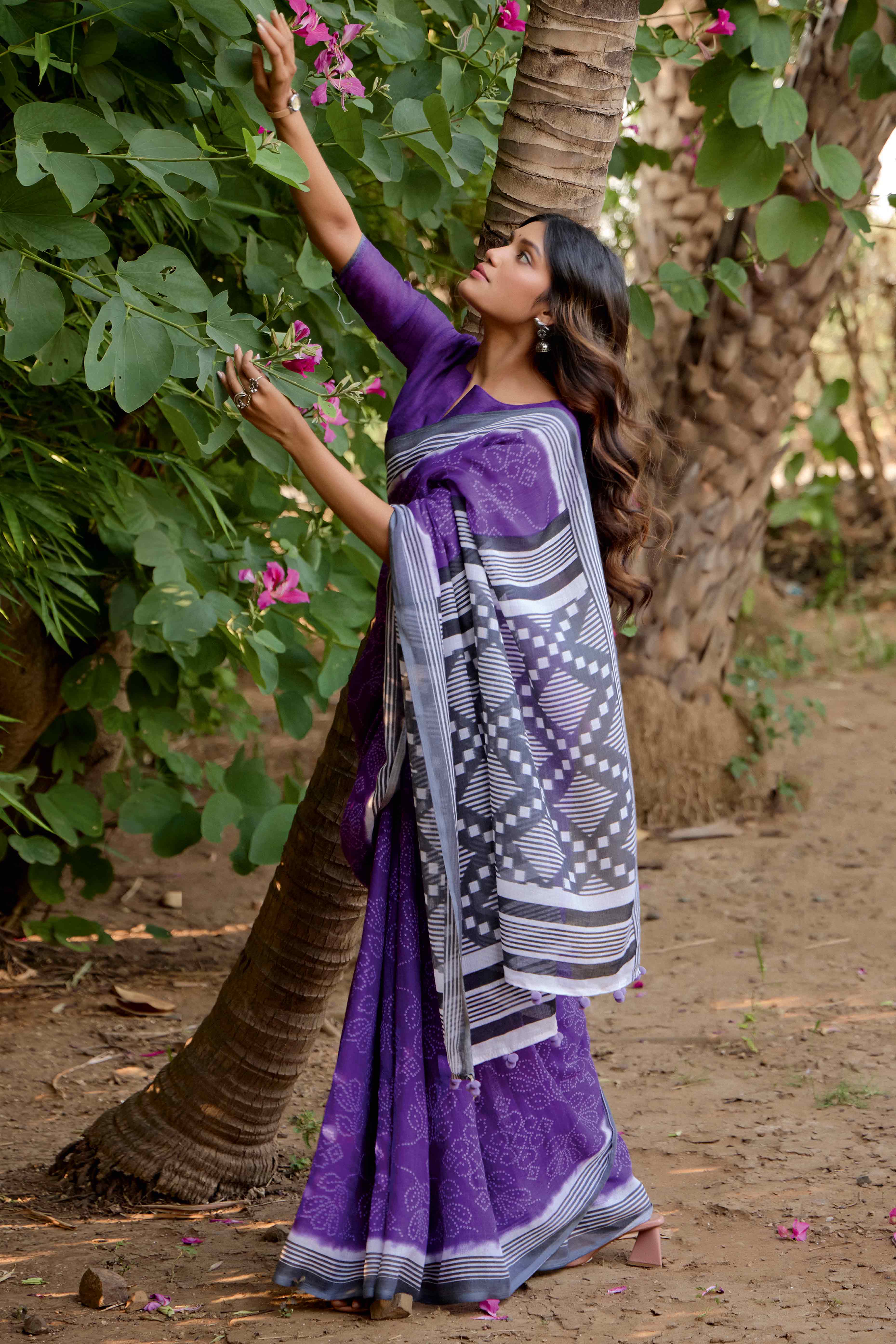 Purple Bandhani Printed Linen Saree