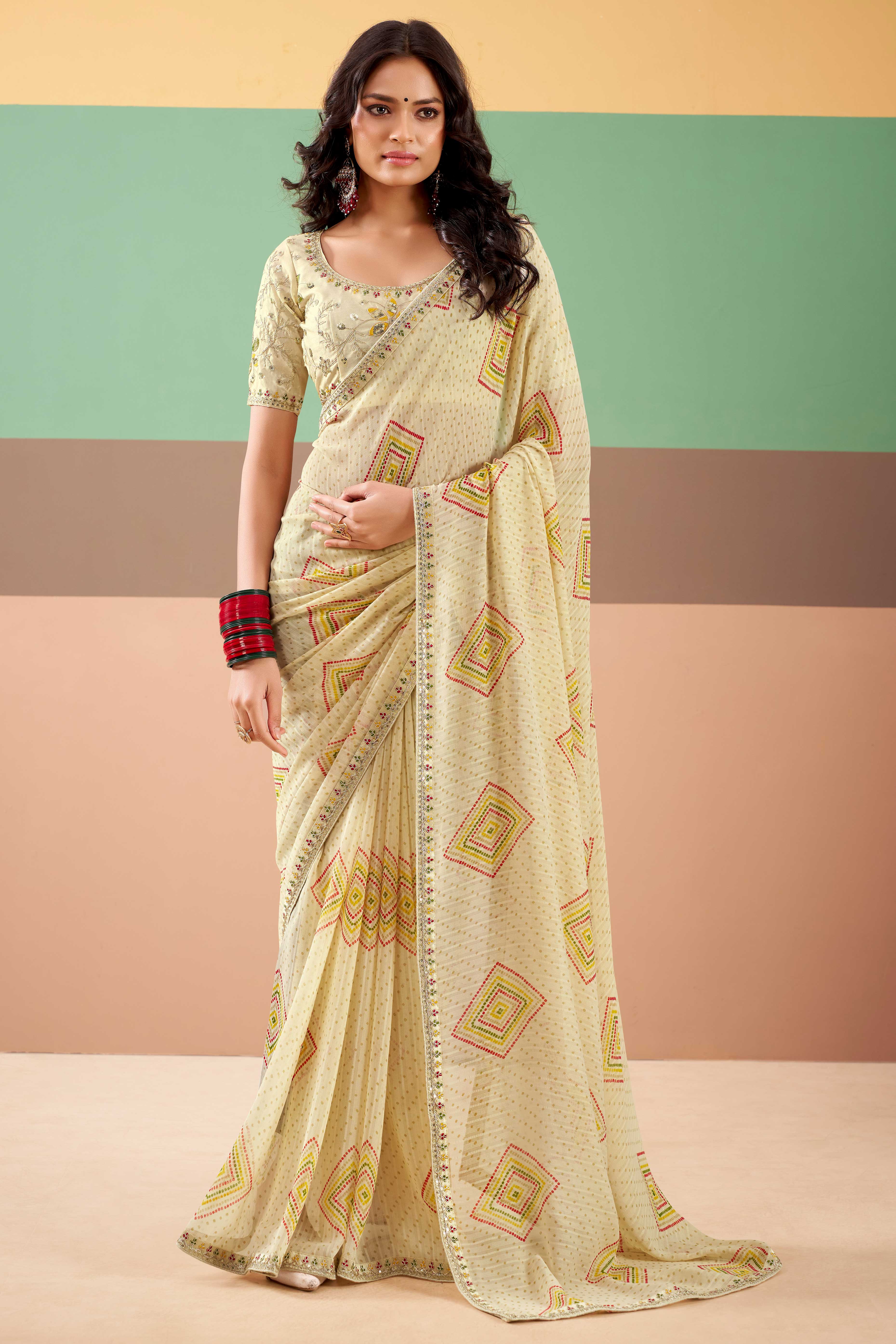 Charming Offwhite Bandhani Printed Georgette Saree Adorned With Cording Embroidered Border