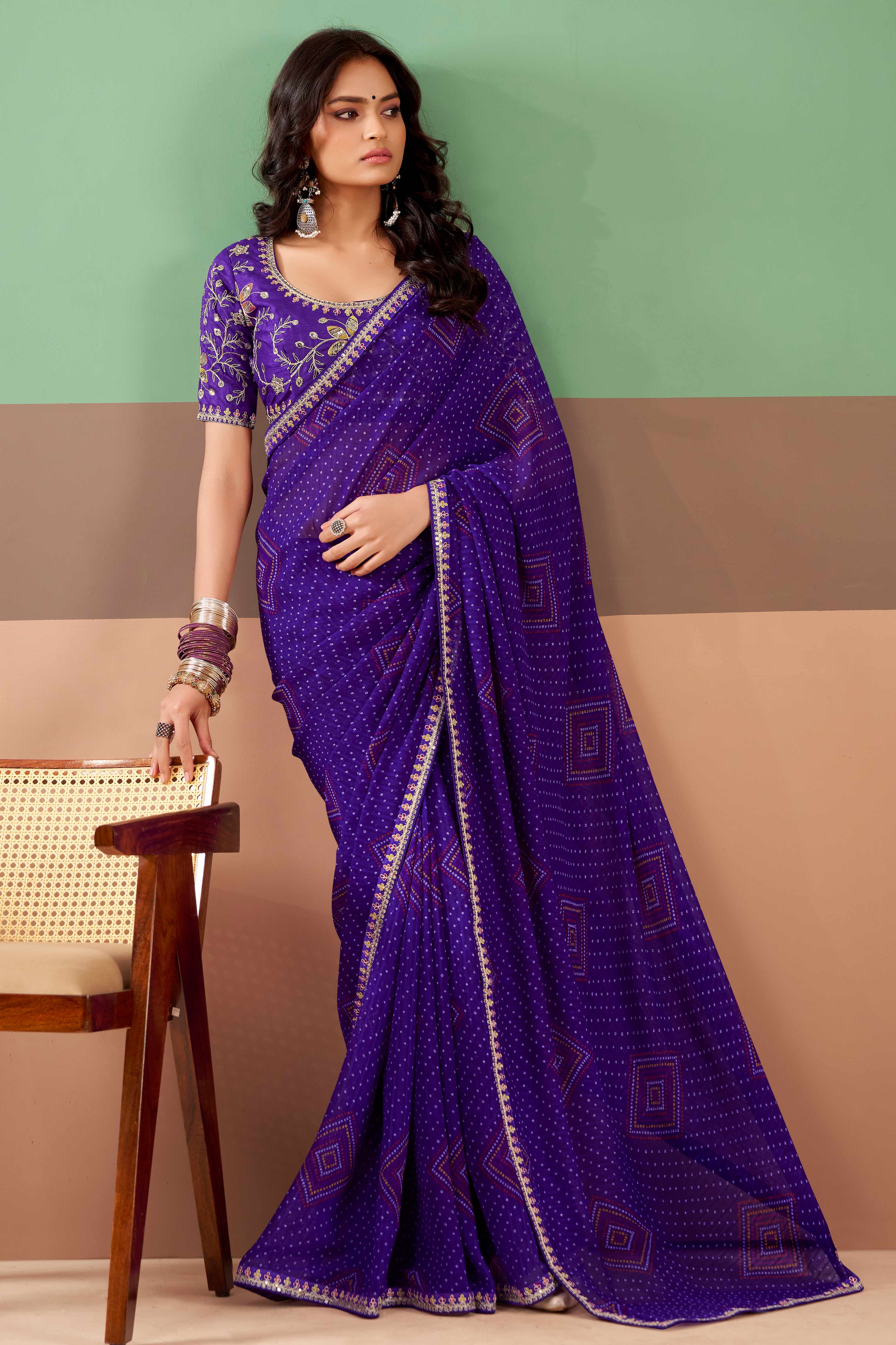Charming Purple Bandhani Printed Georgette Saree Adorned With Intricate Cording Embroidered Border