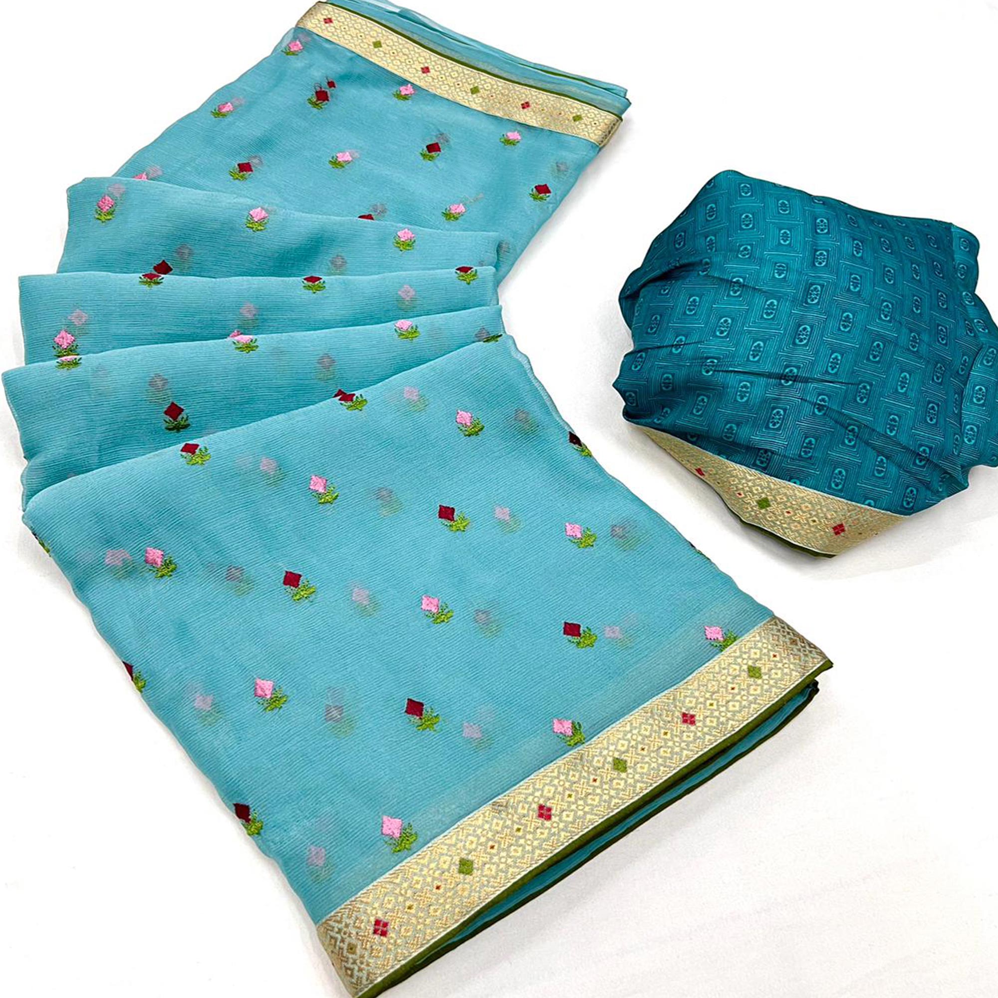 Blue Floral Embroidered Chiffon Saree