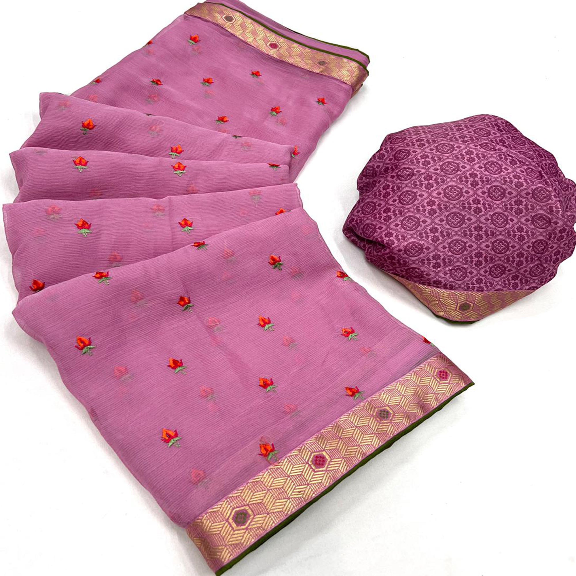 Pink Floral Embroidered Chiffon Saree