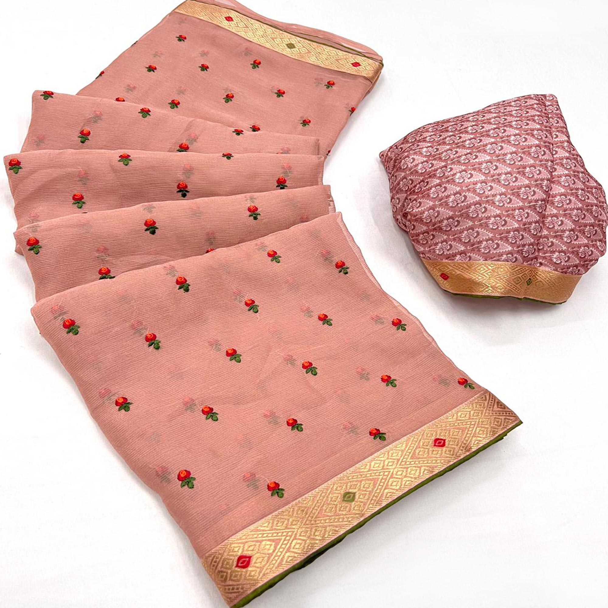 Peach Floral Embroidered Chiffon Saree