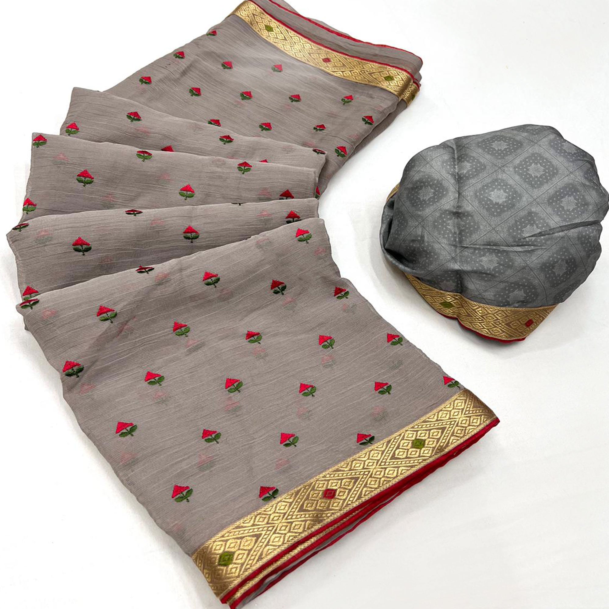 Grey Floral Embroidered Chiffon Saree