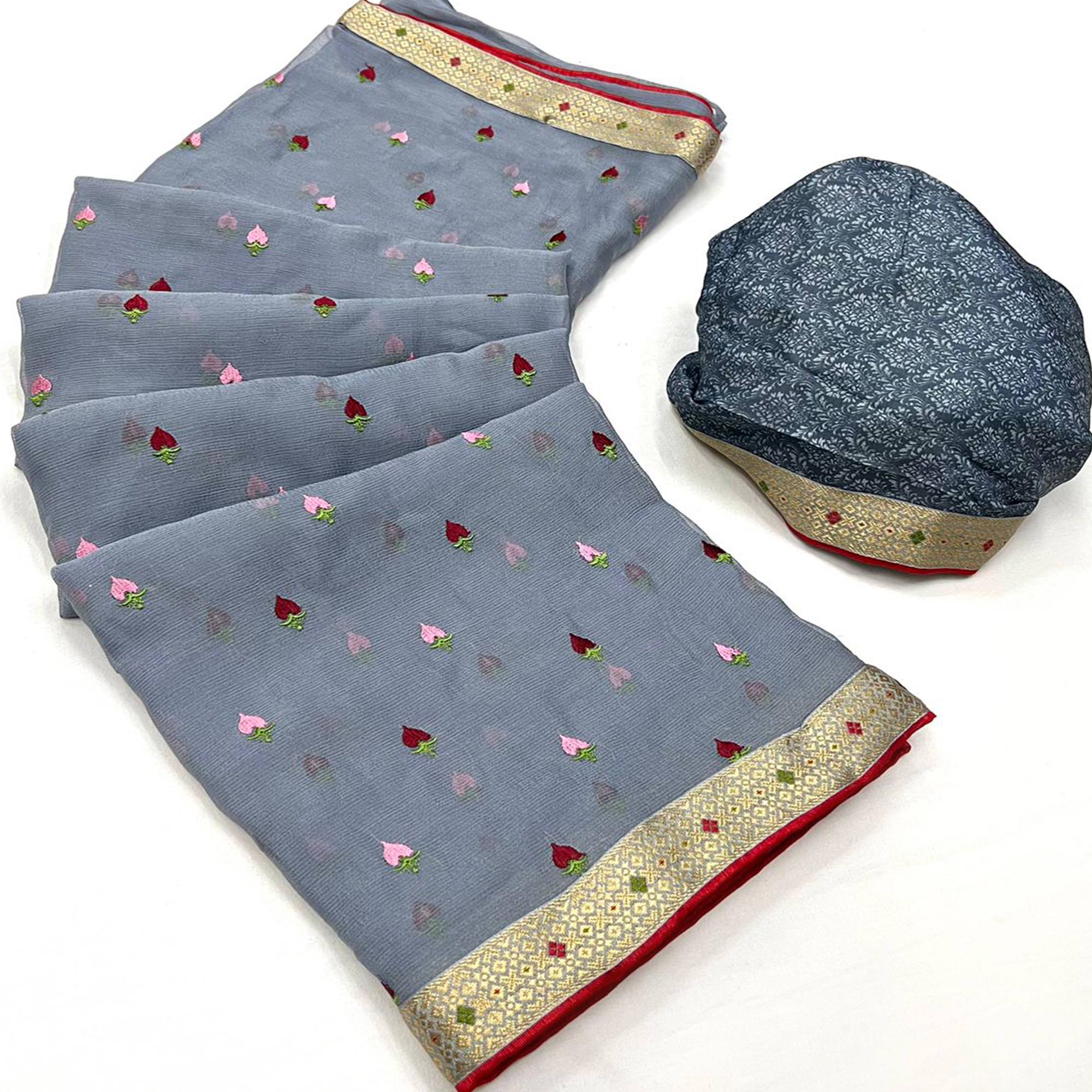 Grey Floral Embroidered Chiffon Saree