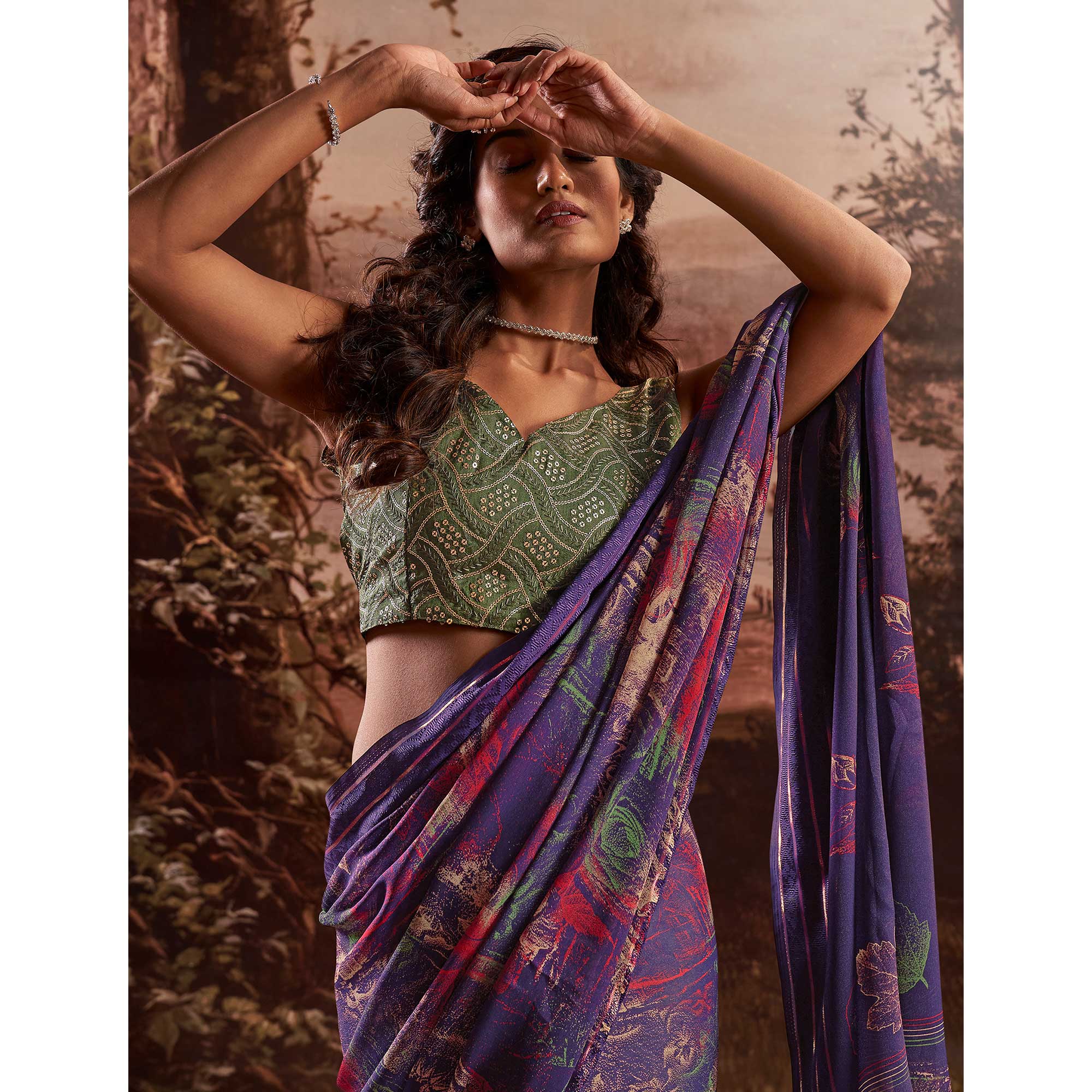 Violet Floral Printed Georgette Saree