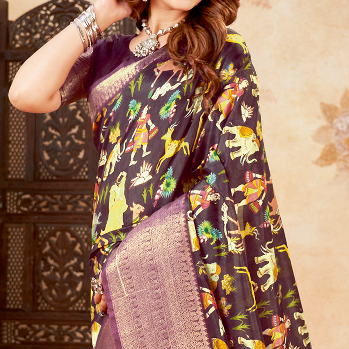 Wine Printed Cotton Silk Saree With Jacquard Border