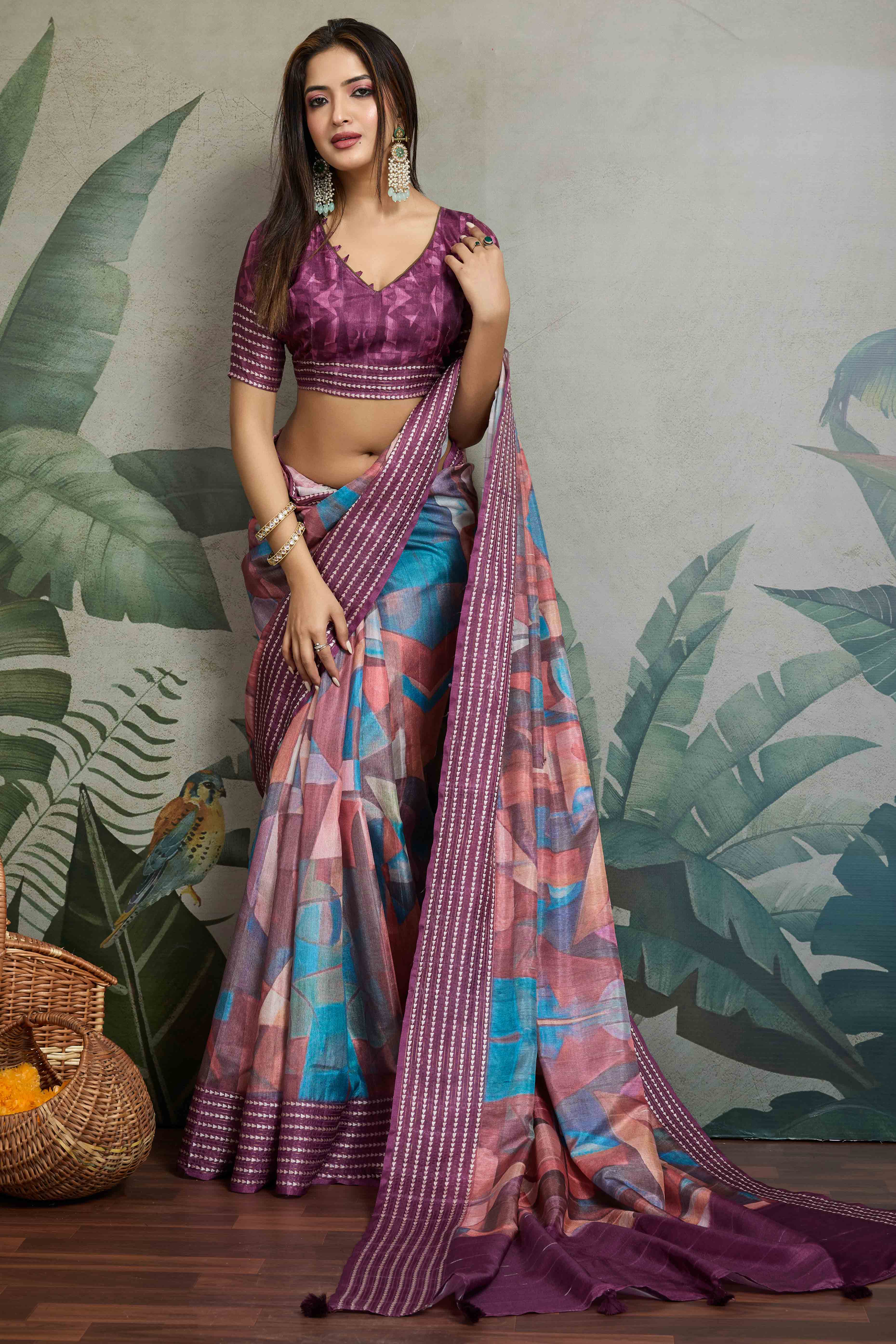 Purple Silk Blend Saree with Geometric Print