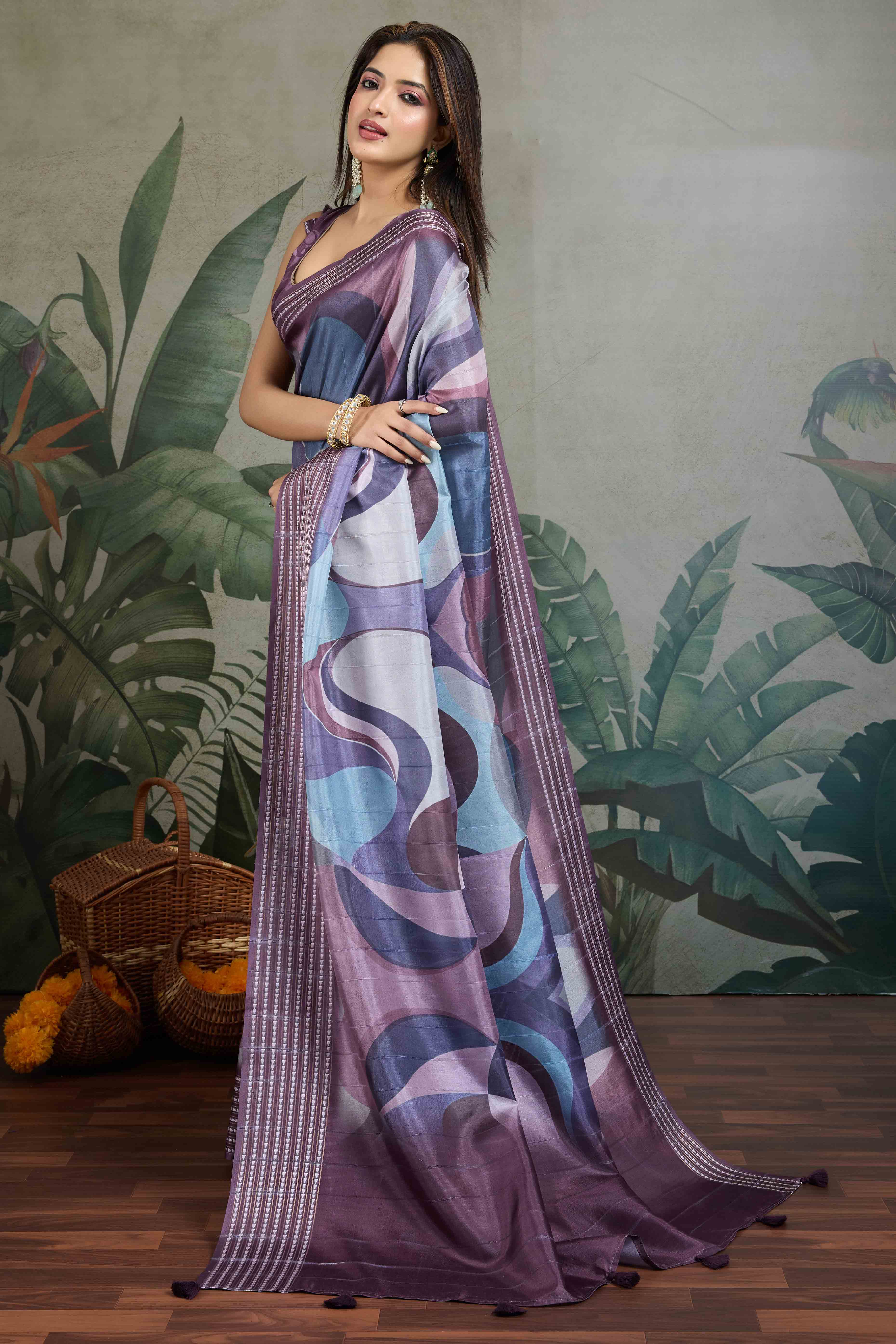 Wine Silk Blend Saree with Geometric Print