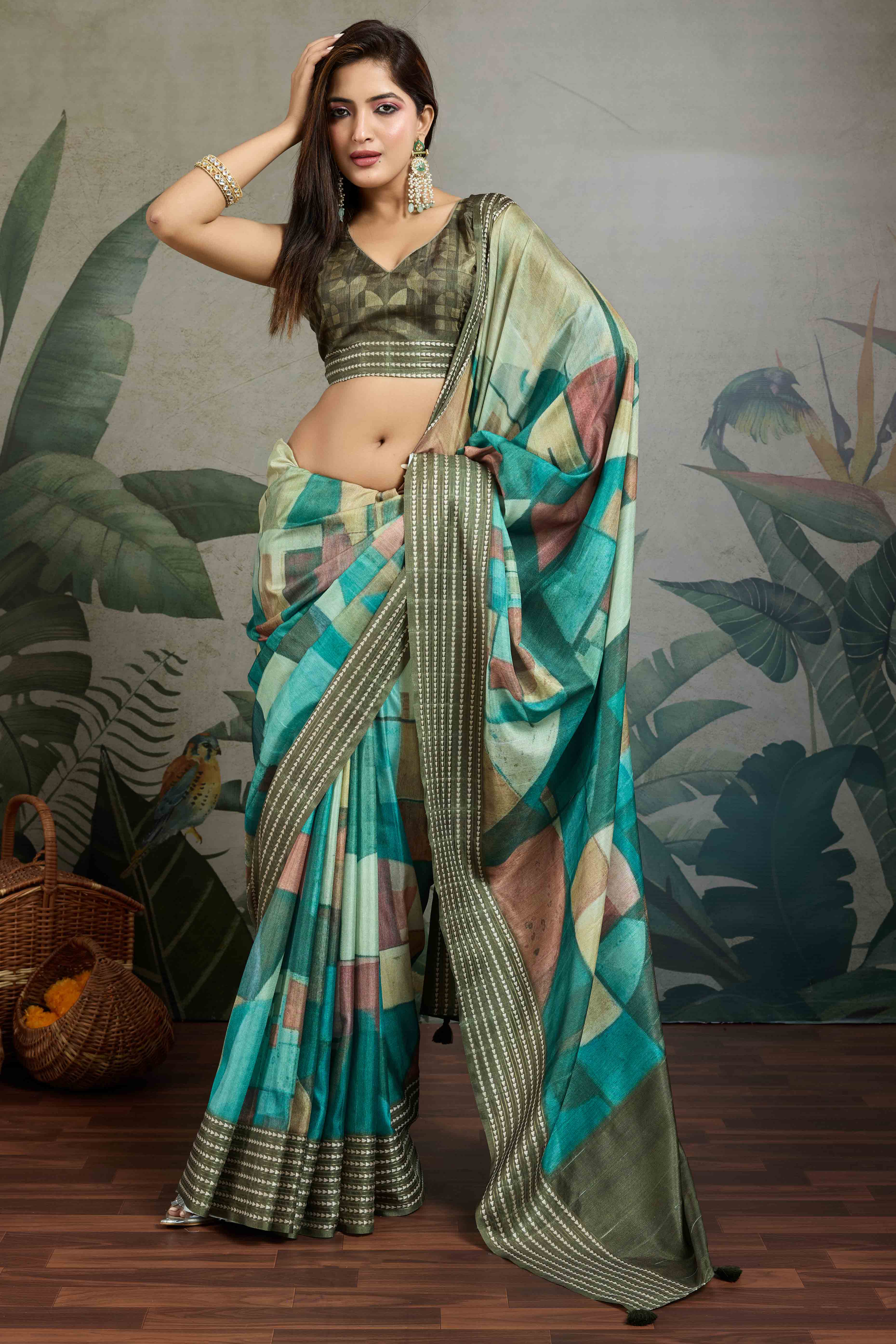 Green Silk Blend Saree with Geometric Print