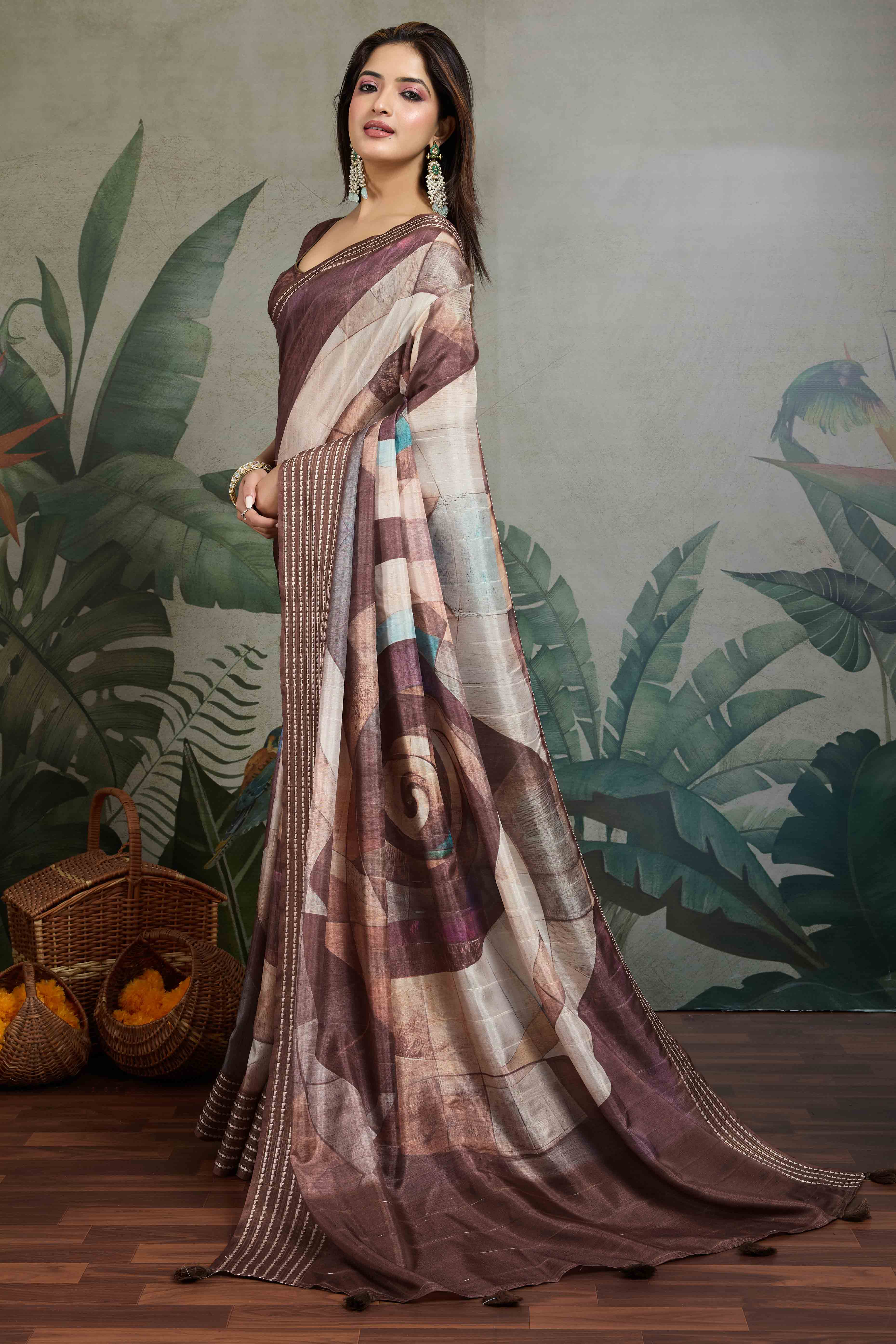 Brown Silk Blend Saree with Geometric Print