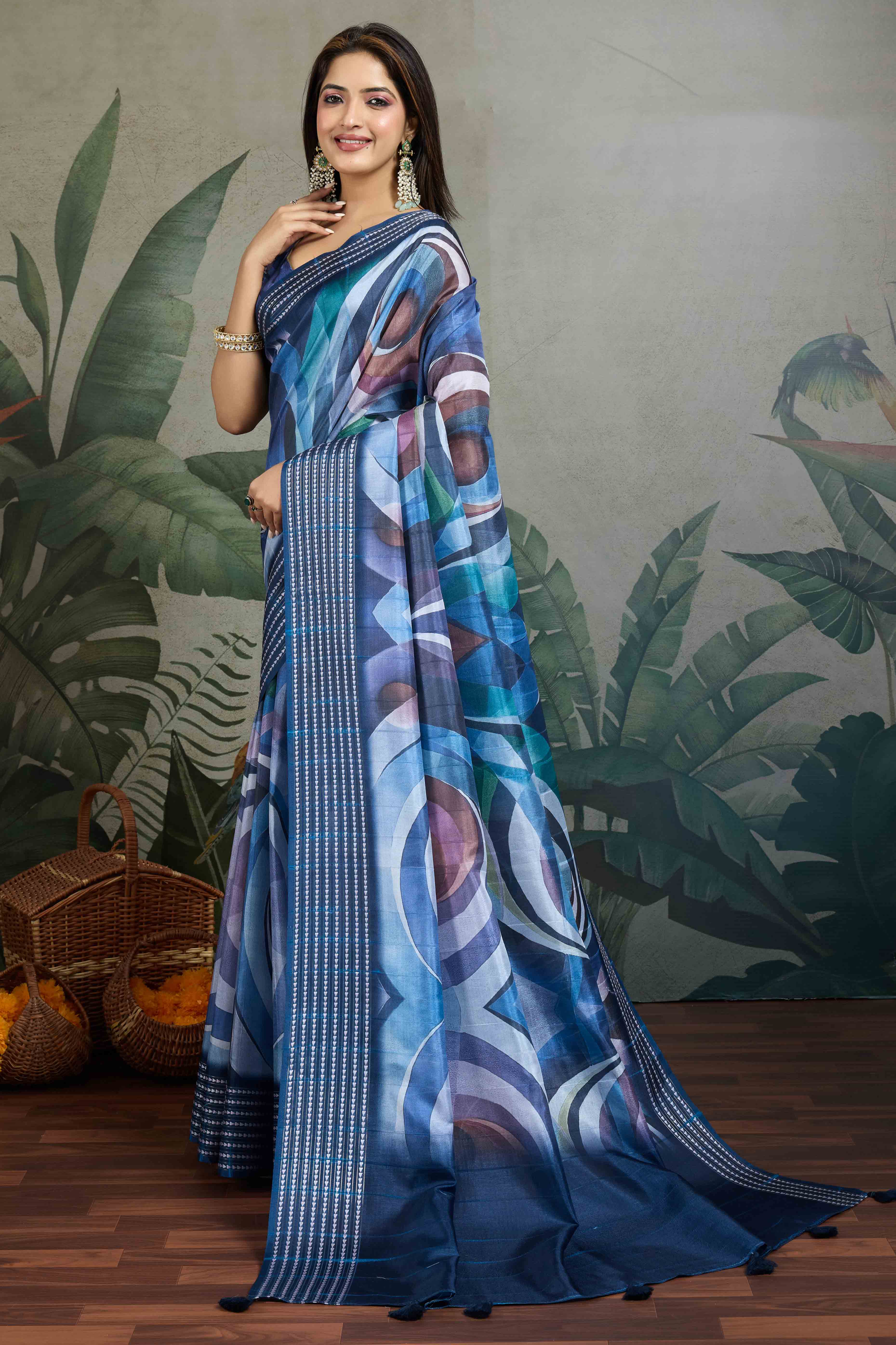 Blue Silk Blend Saree with Geometric Print