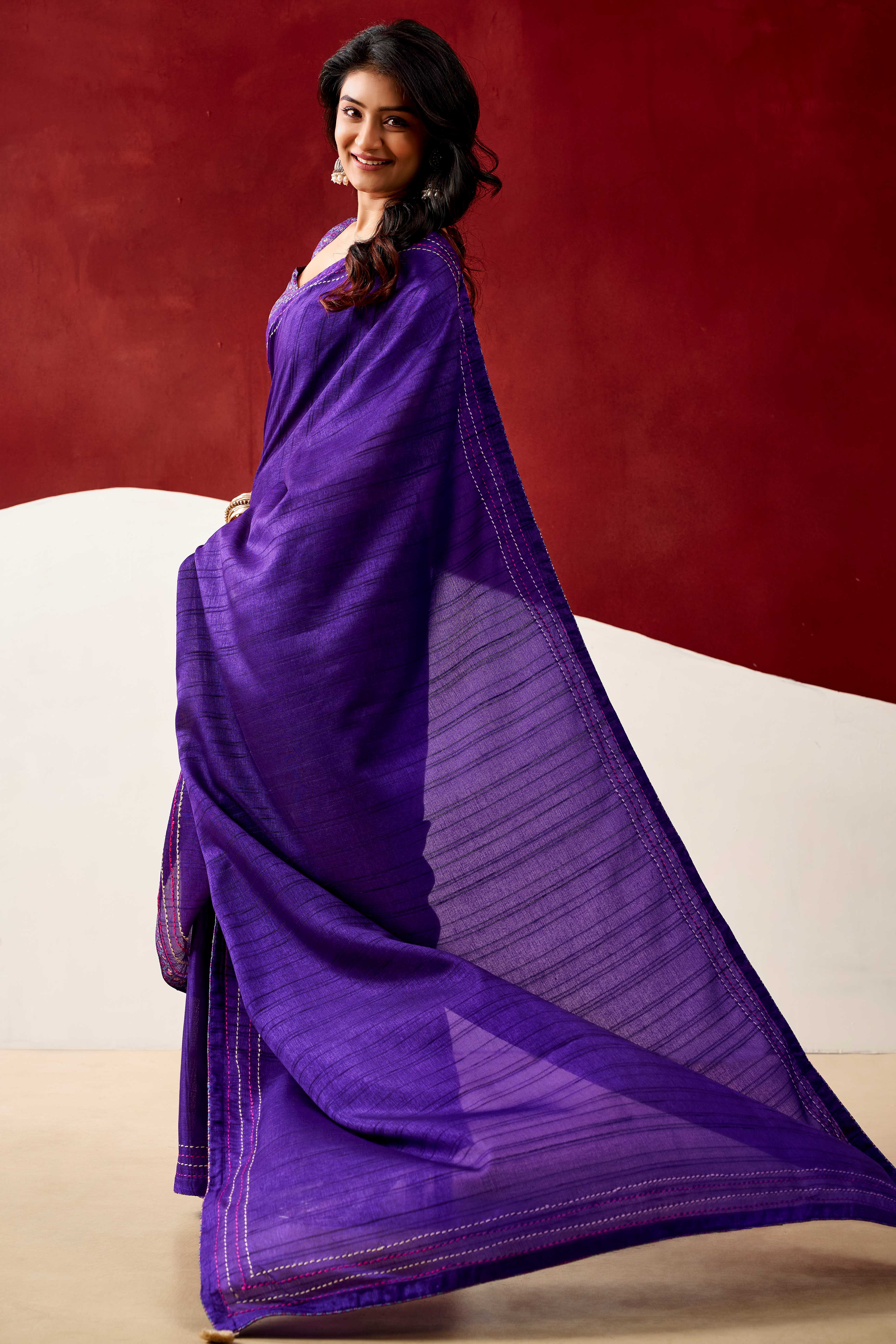 Graceful Purple Handloom Cotton Blend Saree Featuring Striped Lining Embroidery & Tassel Pallu