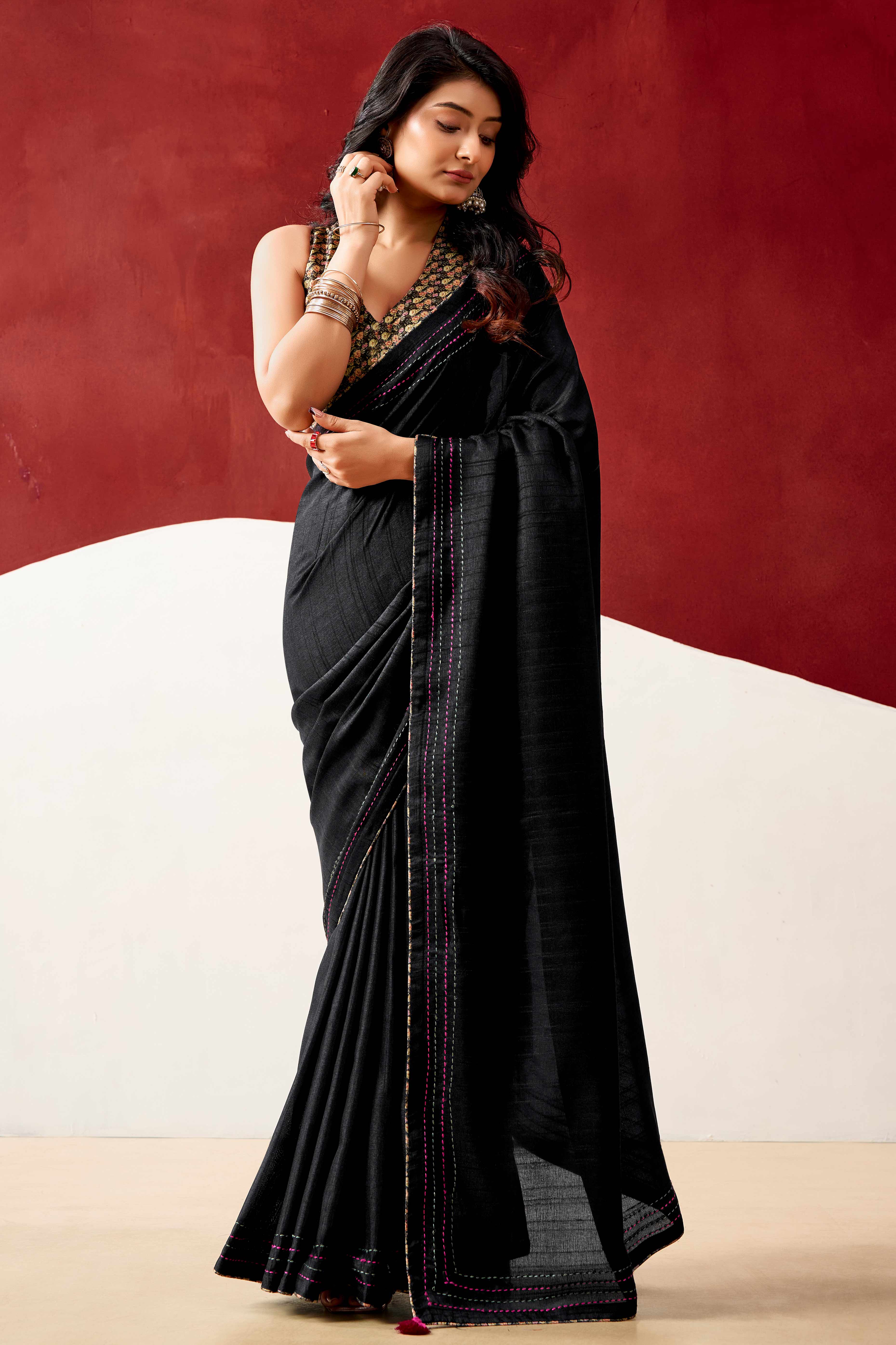 Graceful Black Handloom Cotton Blend Saree Featuring Striped Lining Embroidery & Tassel Pallu