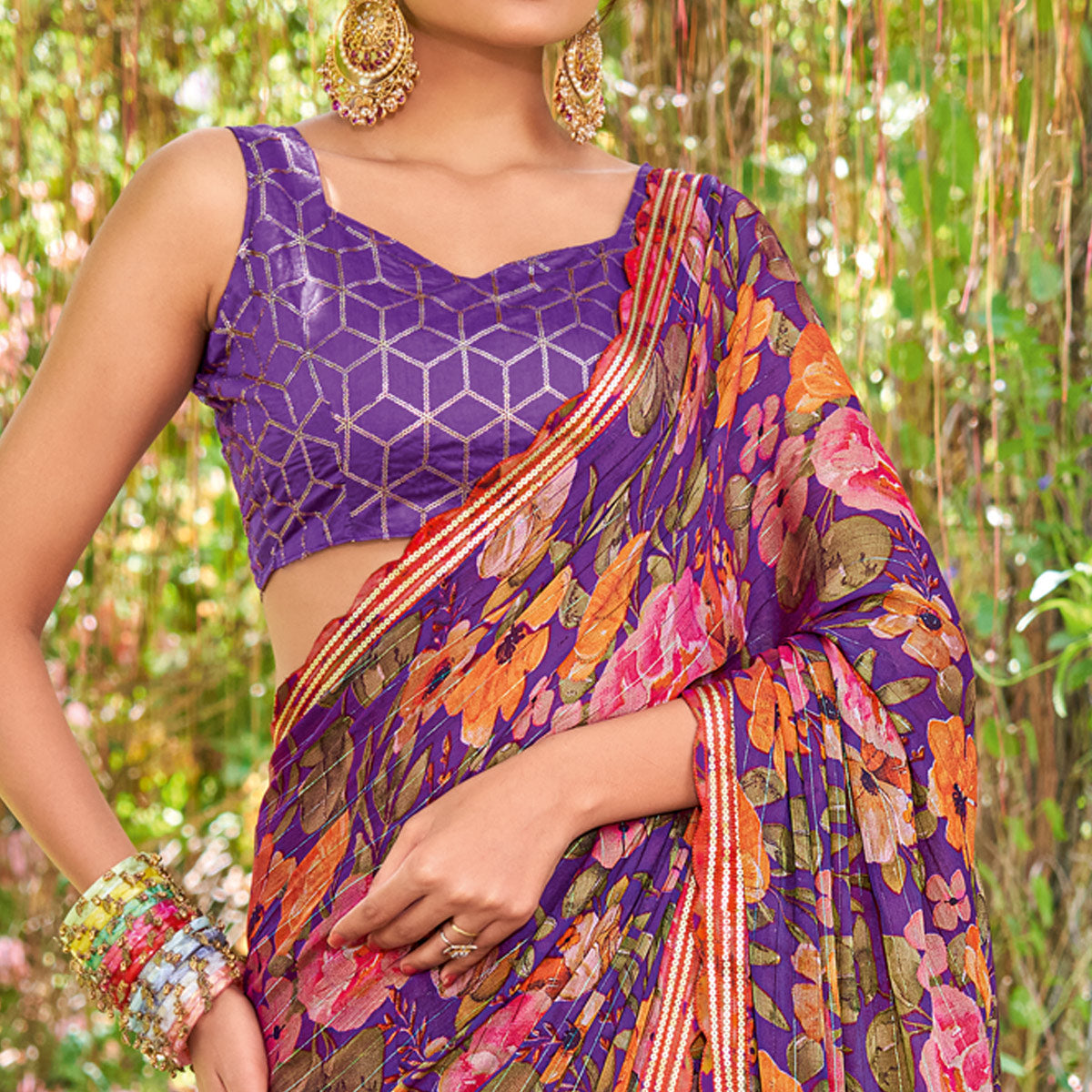 Purple Floral Printed Chiffon Saree With Zari Work
