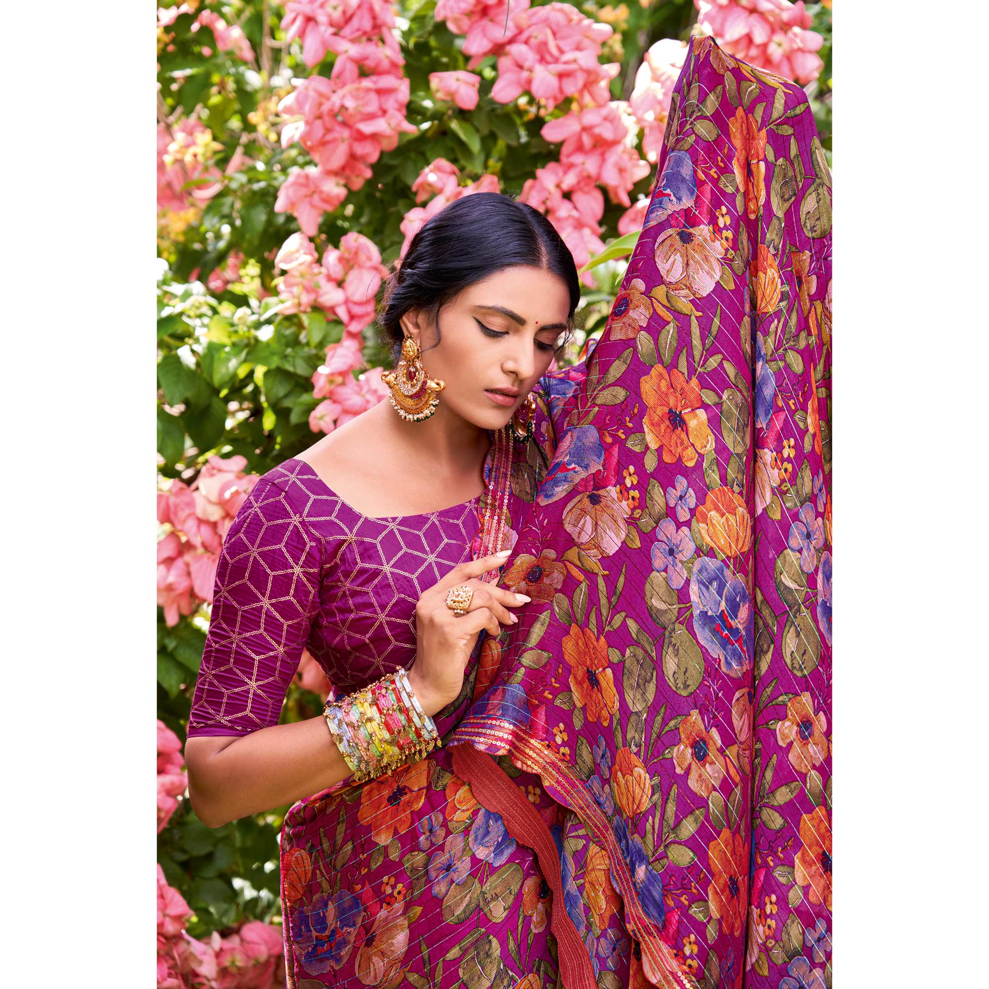Purple Floral Printed Chiffon Saree With Zari Work