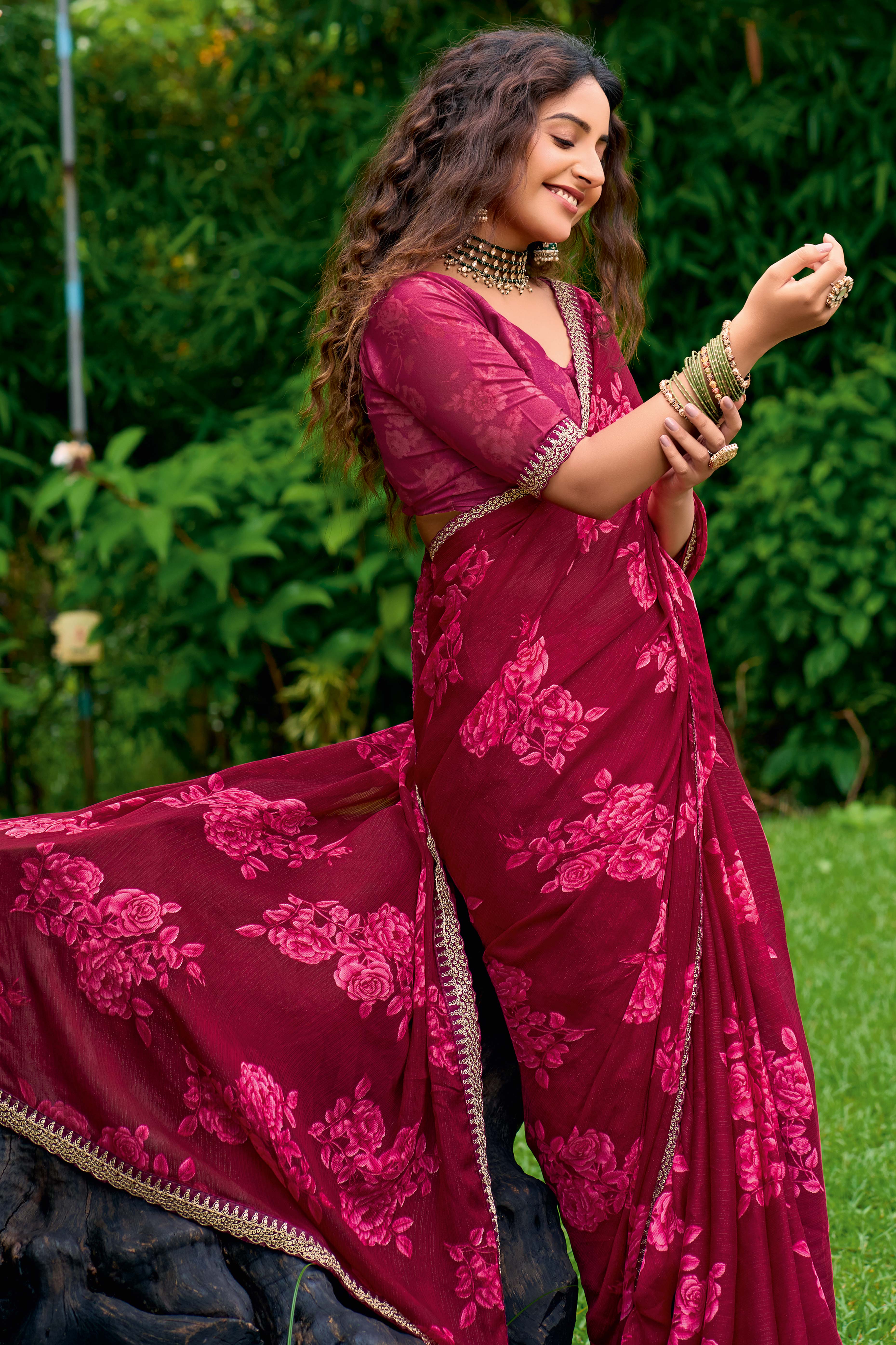 Maroon Floral Chiffon Saree Enhanced with Fine Embroidery on the Border