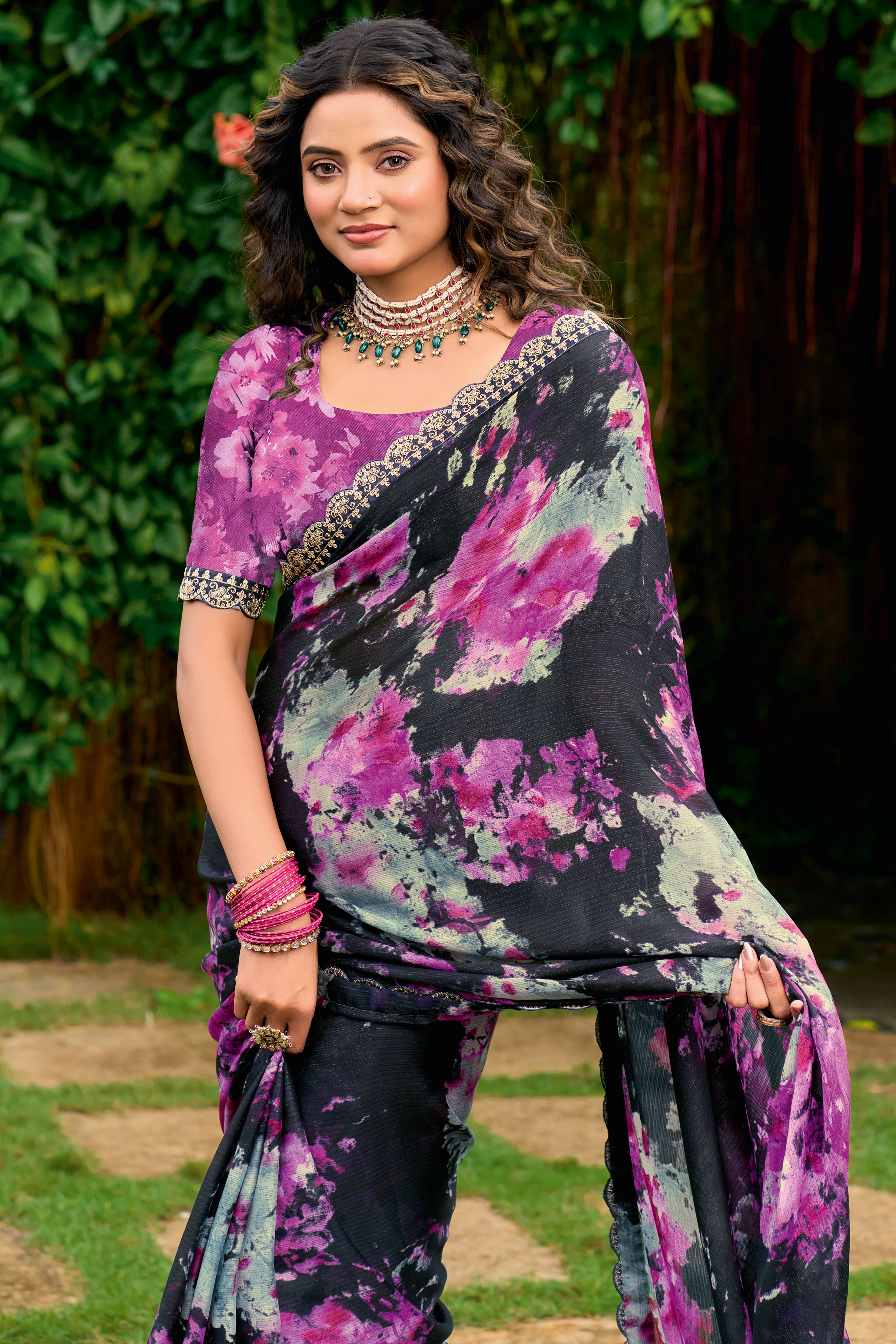 Black Floral Chiffon Saree Enhanced with Fine Embroidery on the Border