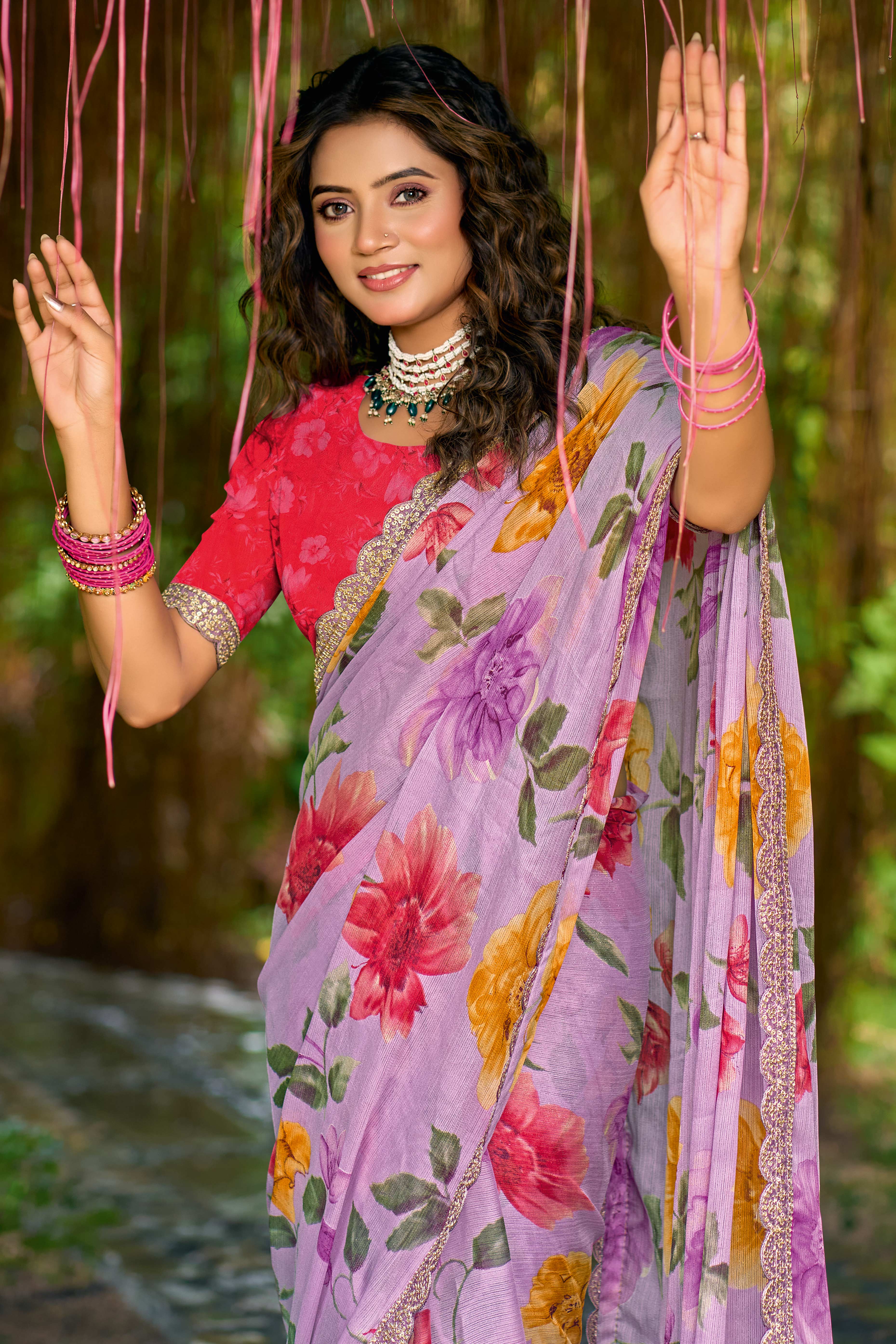 Purple Floral Chiffon Saree Enhanced with Fine Embroidery on the Border