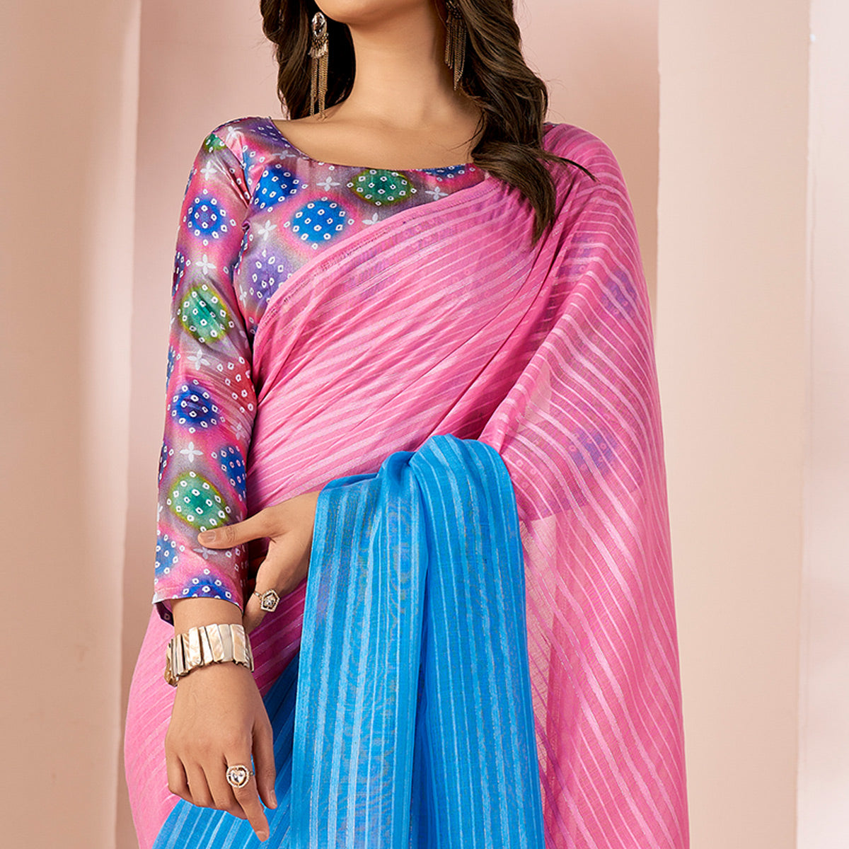 Pink & Blue Woven Linen Saree With Tassels